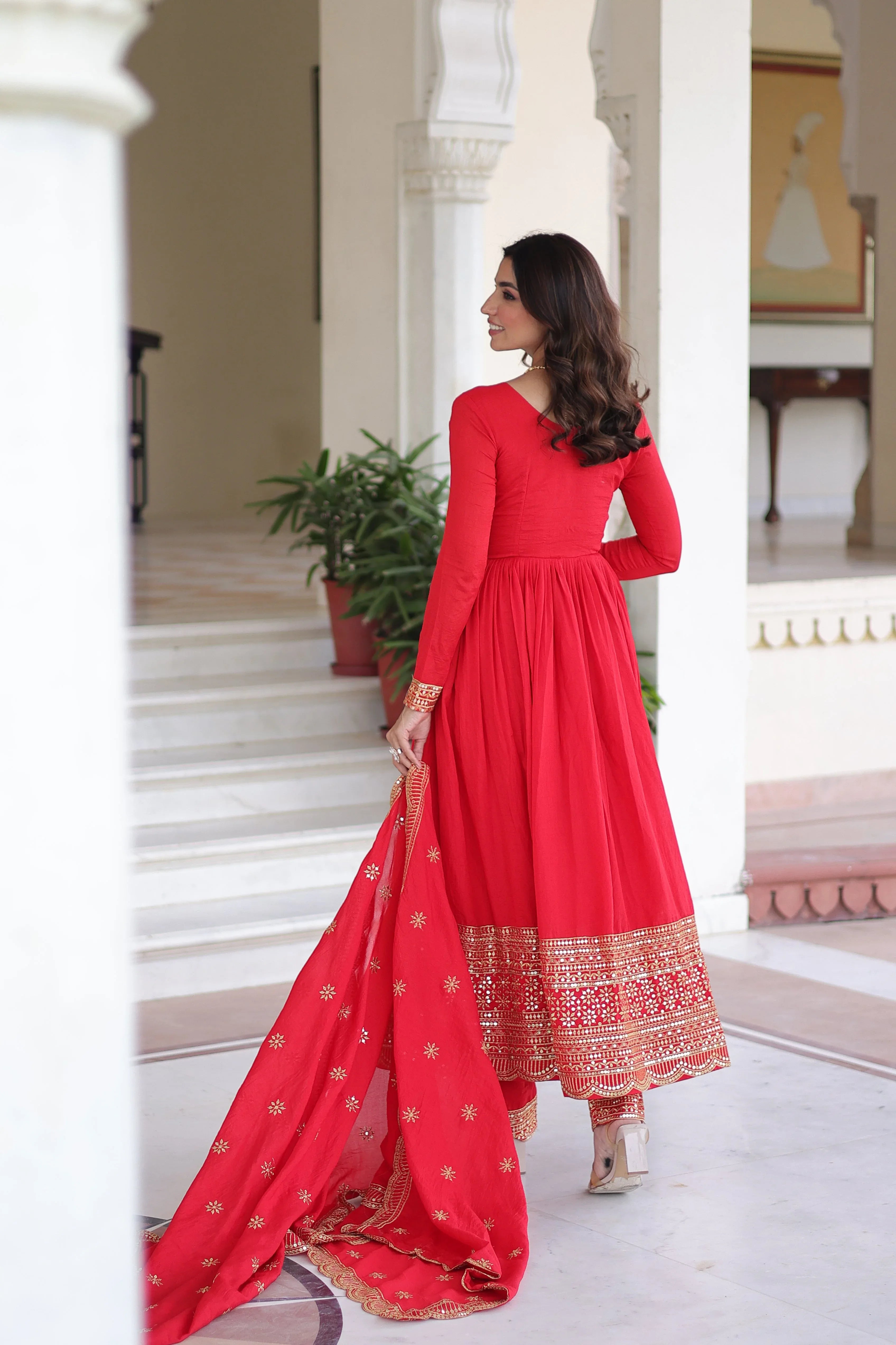 Designer Red Gown Suit with Canvas Stitch & Elastic Waist Pant - Evara Clothes