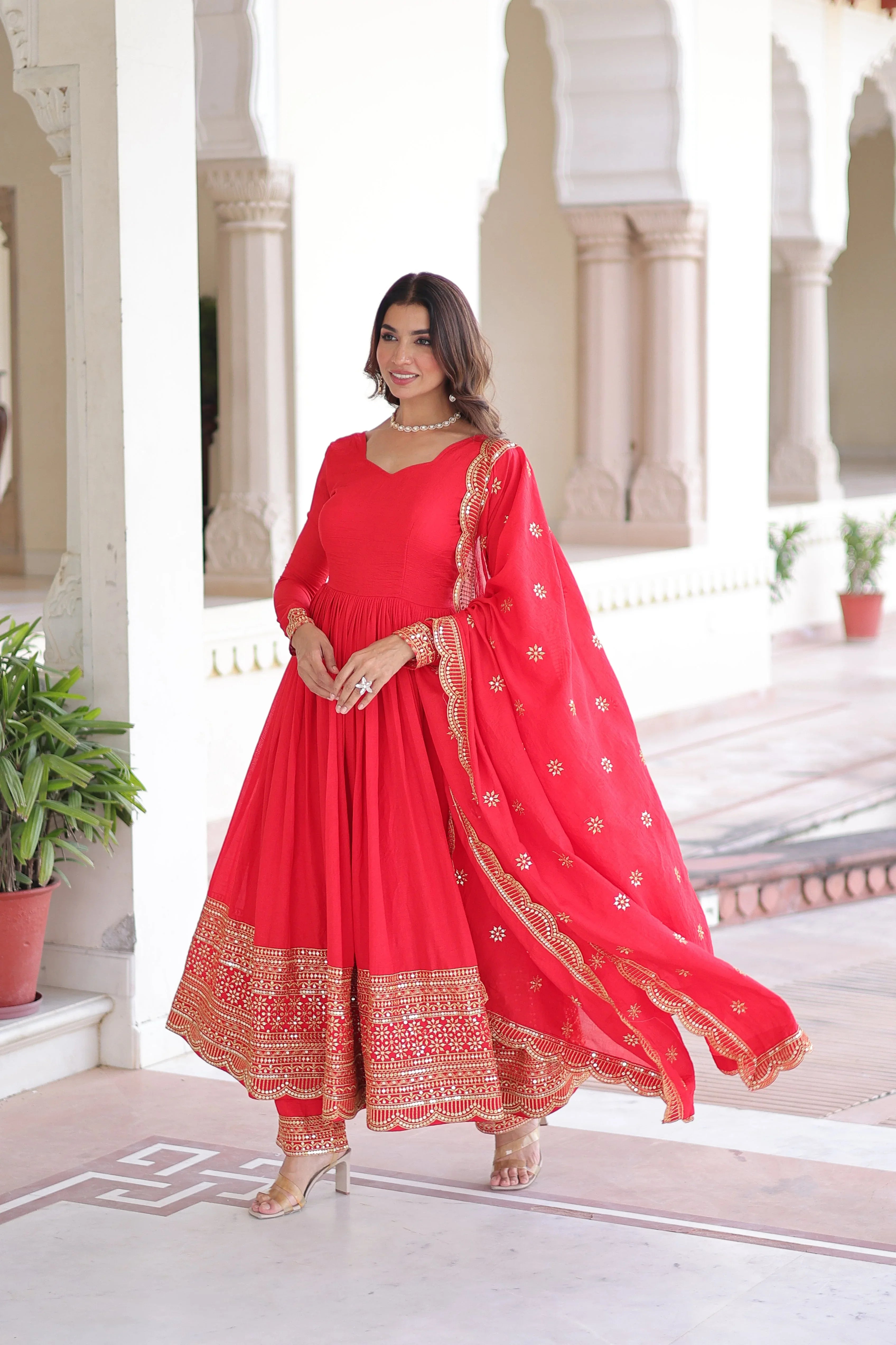 Designer Red Gown Suit with Canvas Stitch & Elastic Waist Pant - Evara Clothes