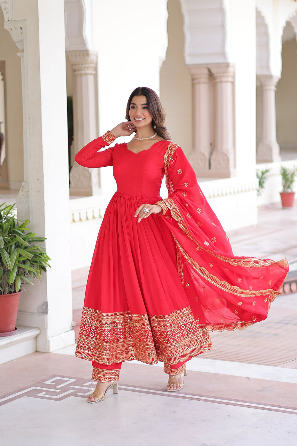 Designer Red Gown Suit with Canvas Stitch & Elastic Waist Pant - Evara Clothes