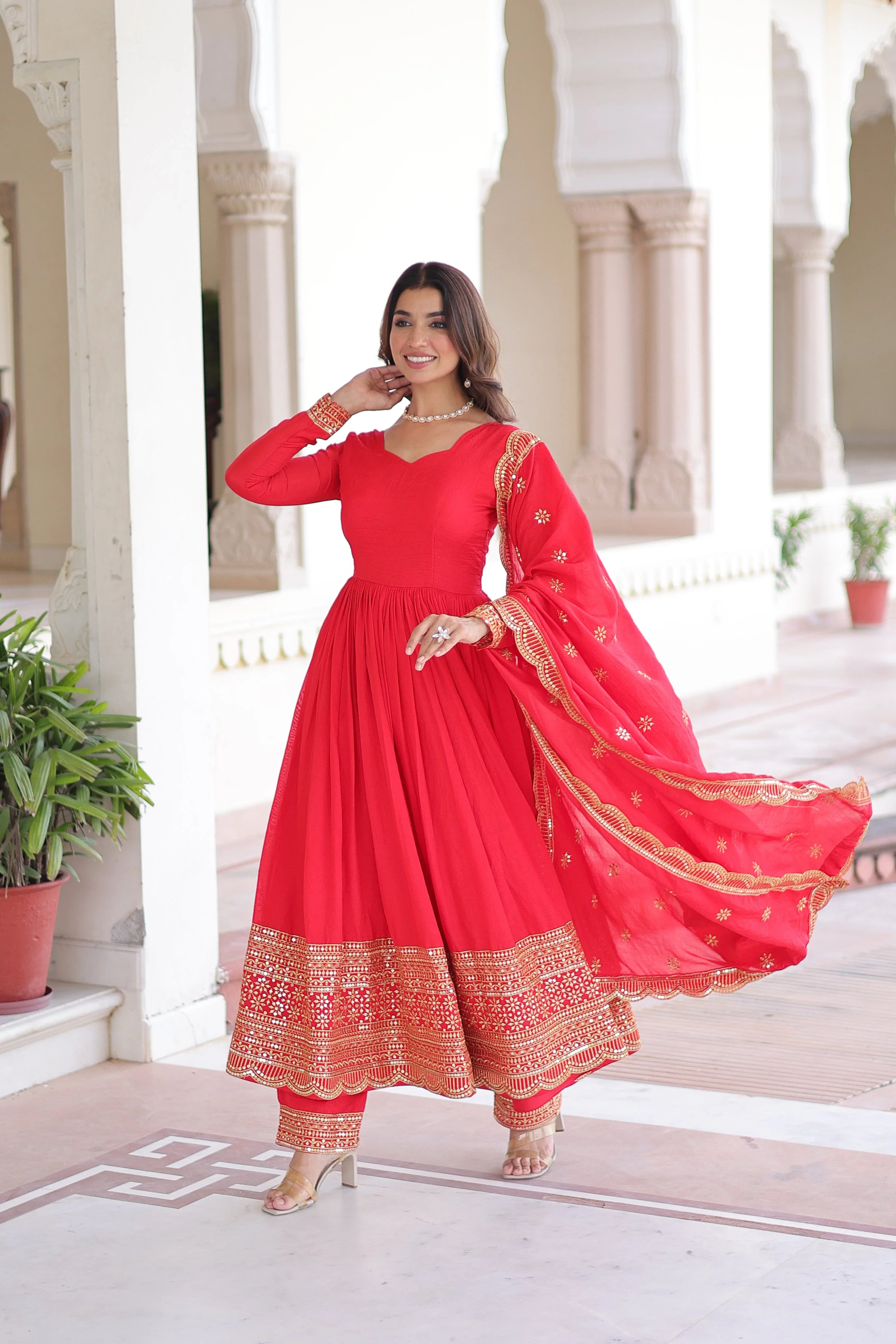 Designer Red Gown Suit with Canvas Stitch & Elastic Waist Pant - Evara Clothes