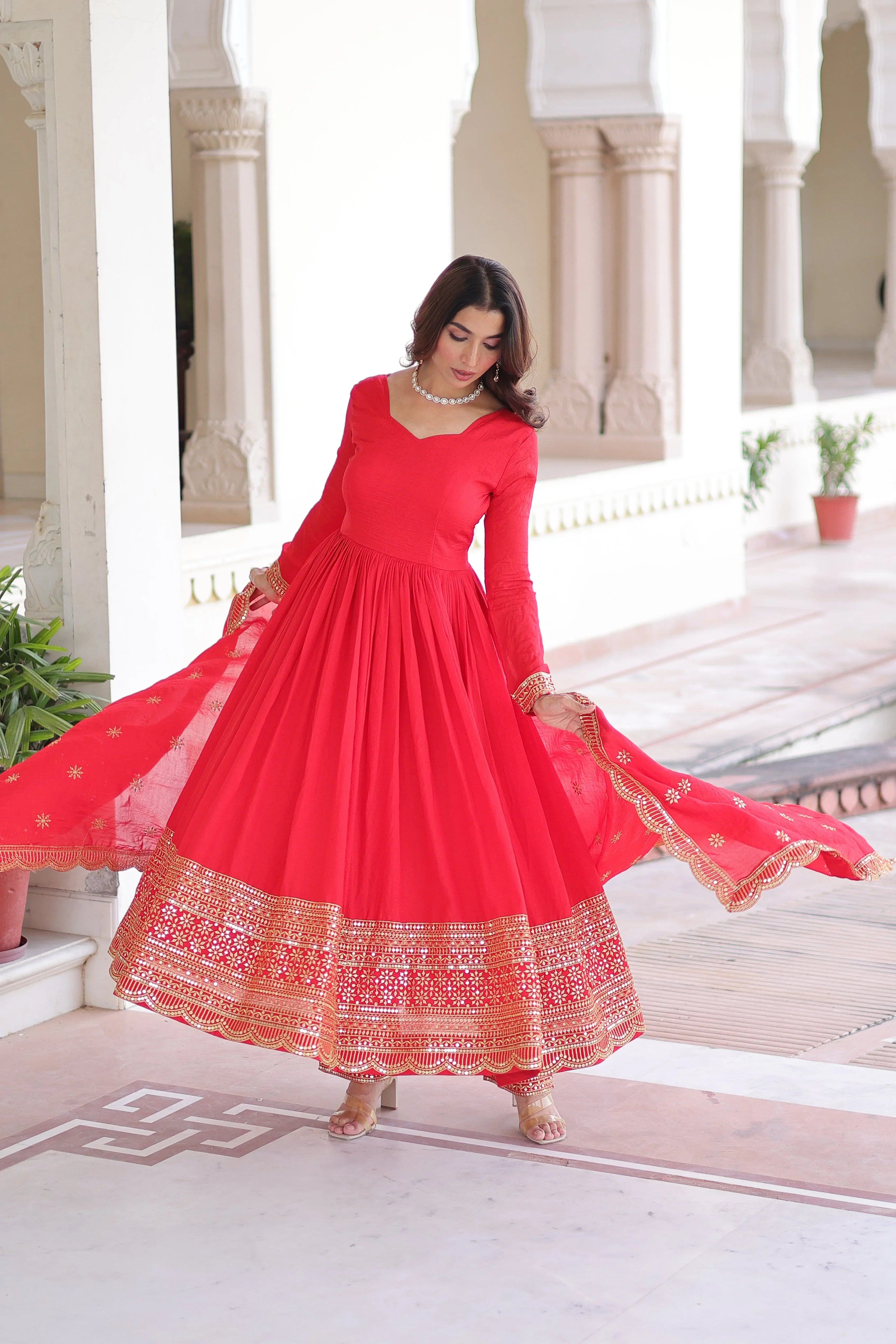 Designer Red Gown Suit with Canvas Stitch & Elastic Waist Pant - Evara Clothes