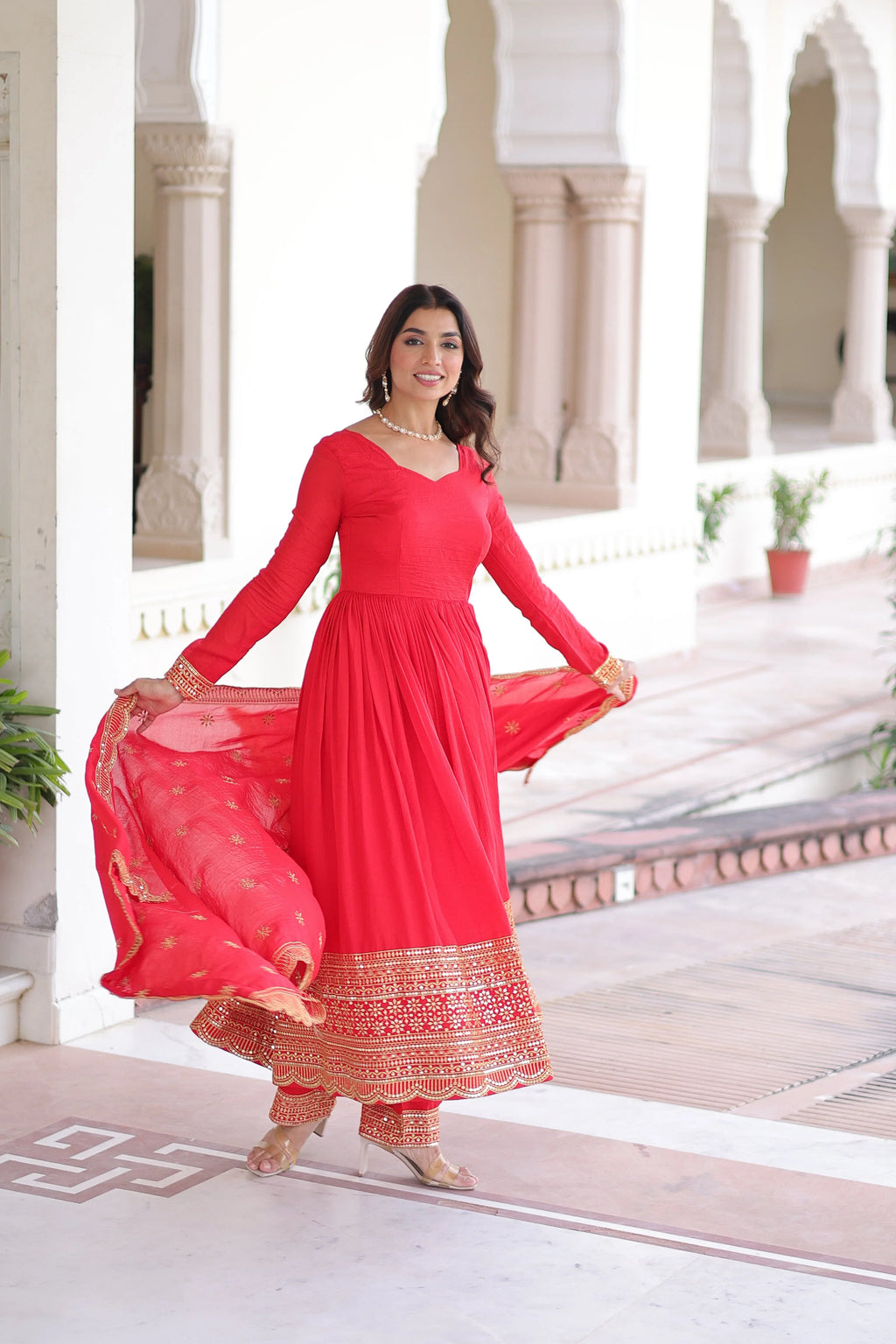 Designer Red Gown Suit with Canvas Stitch & Elastic Waist Pant - Evara Clothes