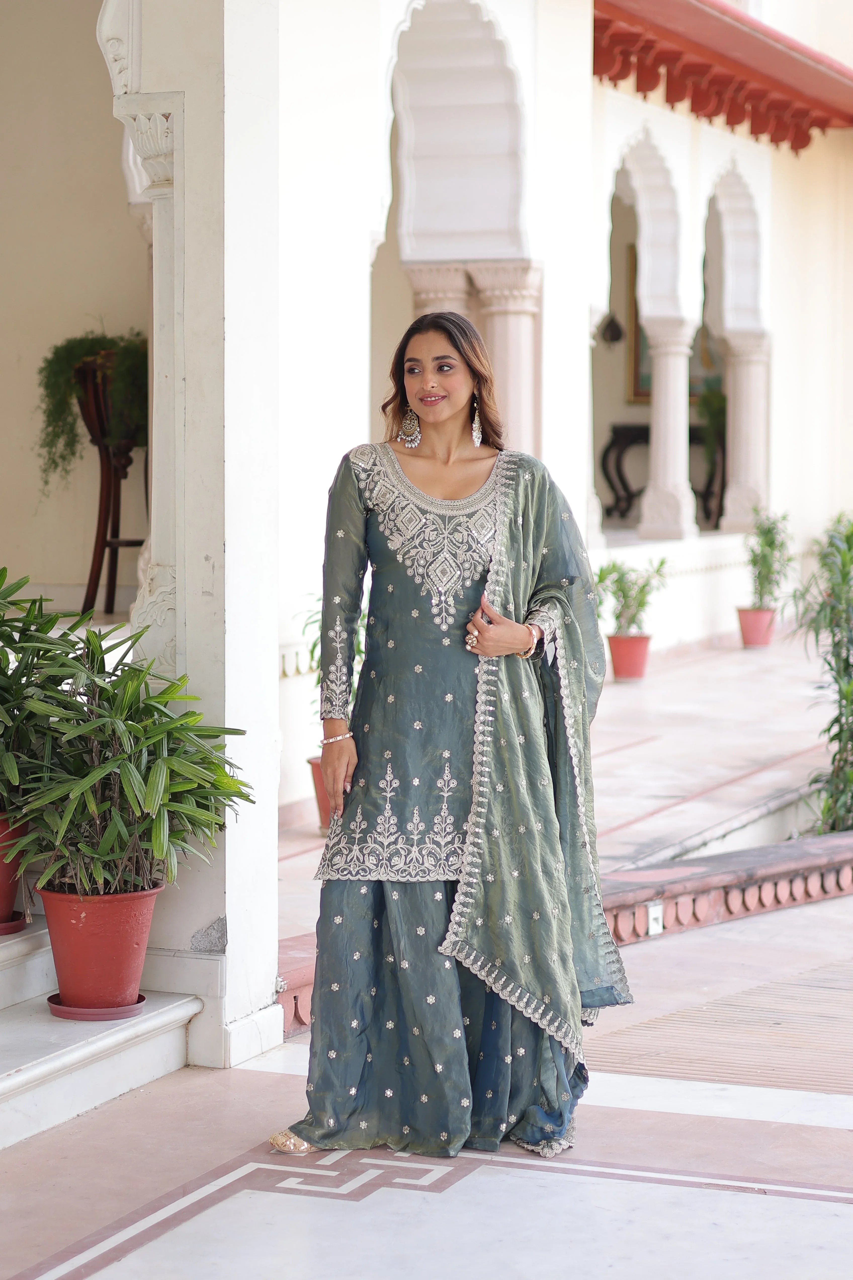 Designer Sharara Suit with Cotton Lining & Full Sleeves - Evara Clothes