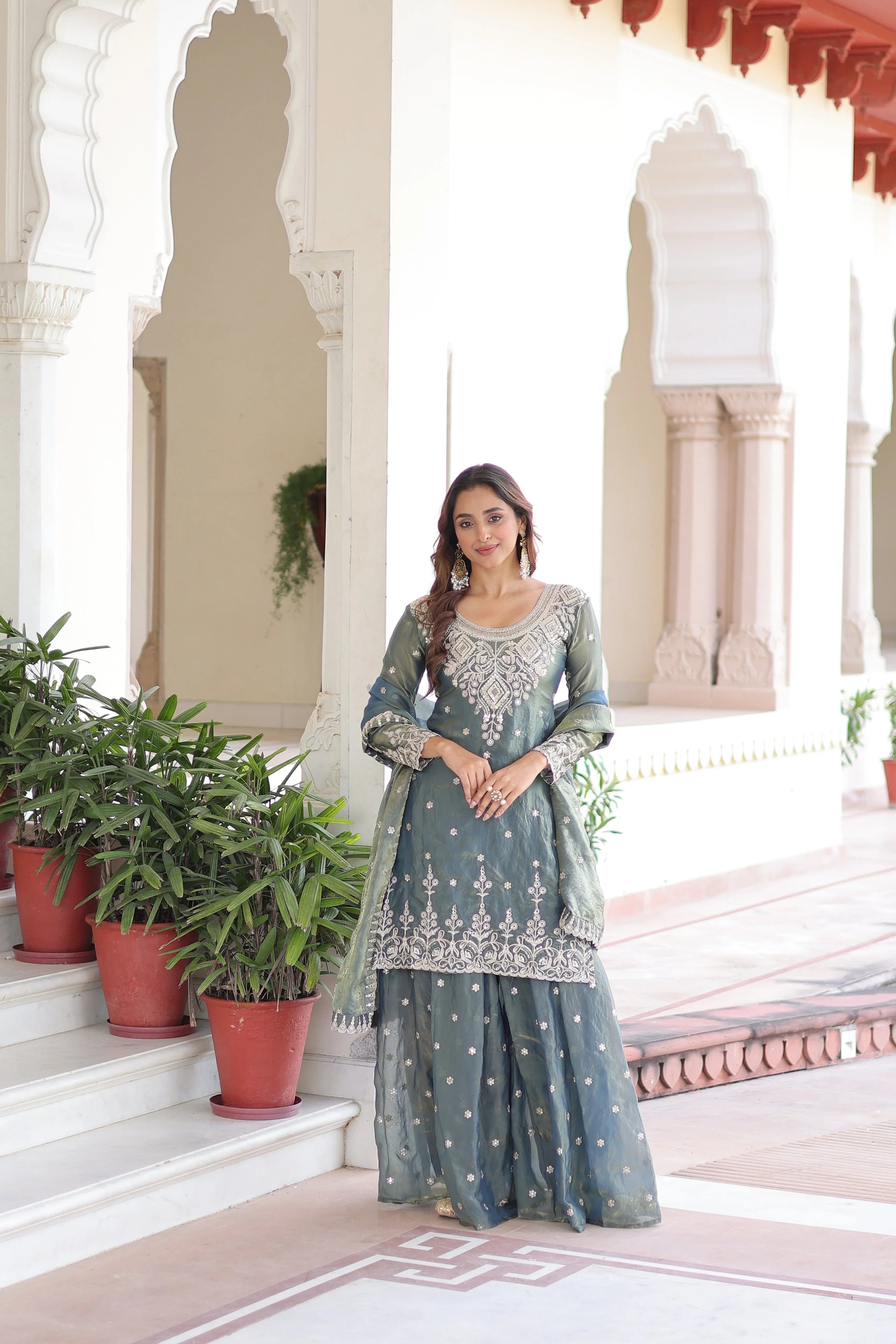 Designer Sharara Suit with Cotton Lining & Full Sleeves - Evara Clothes