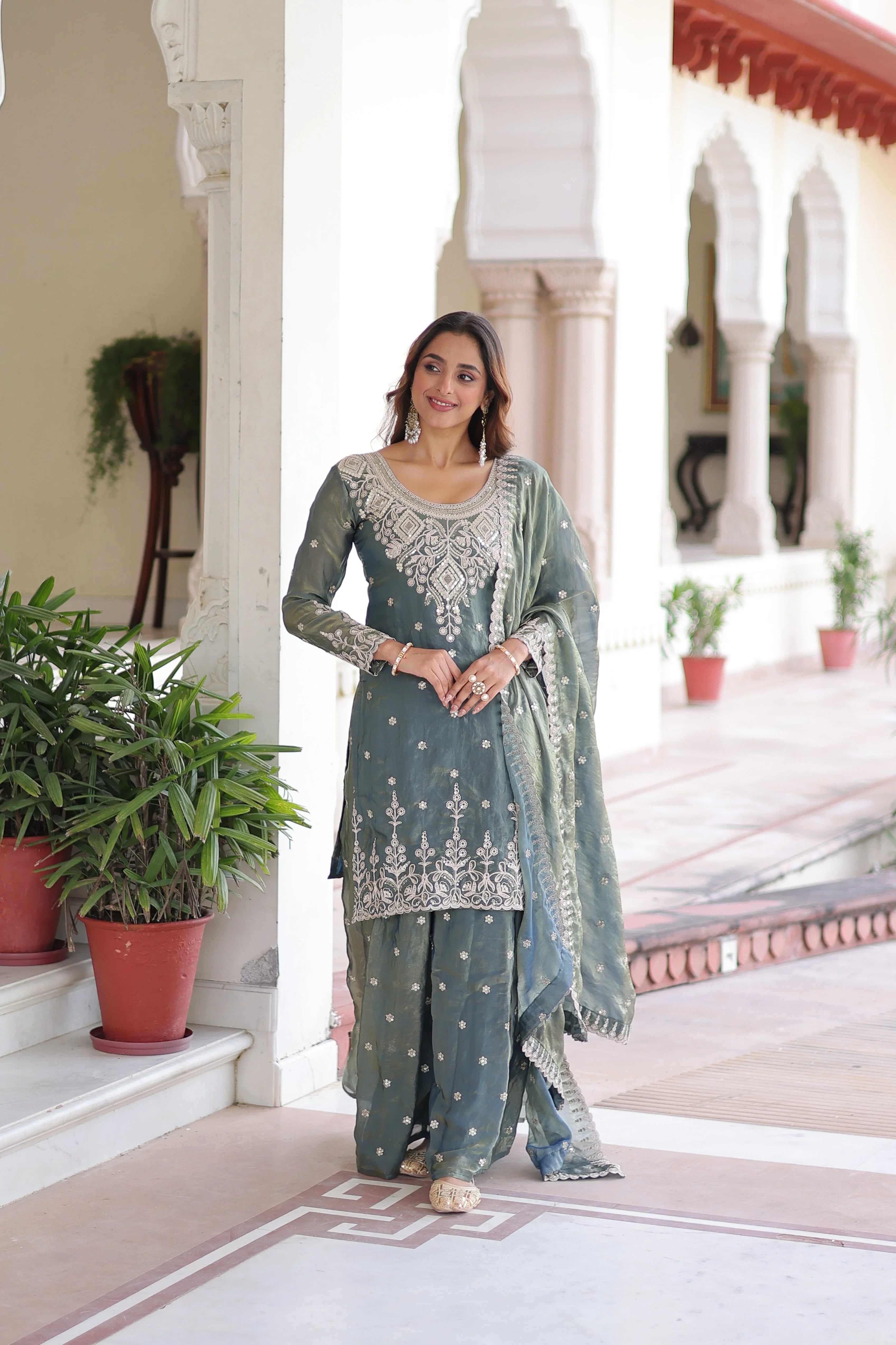 Designer Sharara Suit with Cotton Lining & Full Sleeves - Evara Clothes