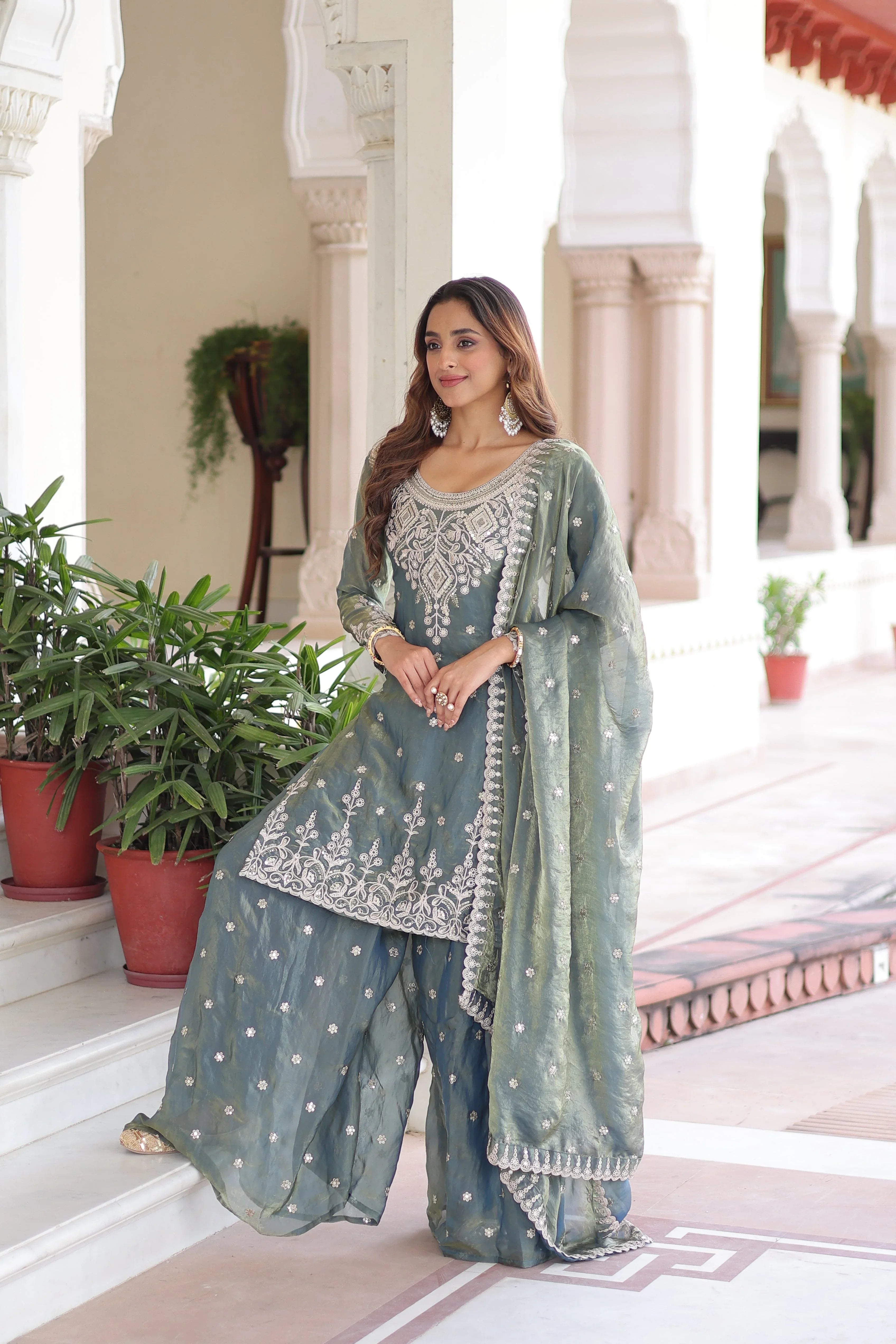 Designer Sharara Suit with Cotton Lining & Full Sleeves - Evara Clothes