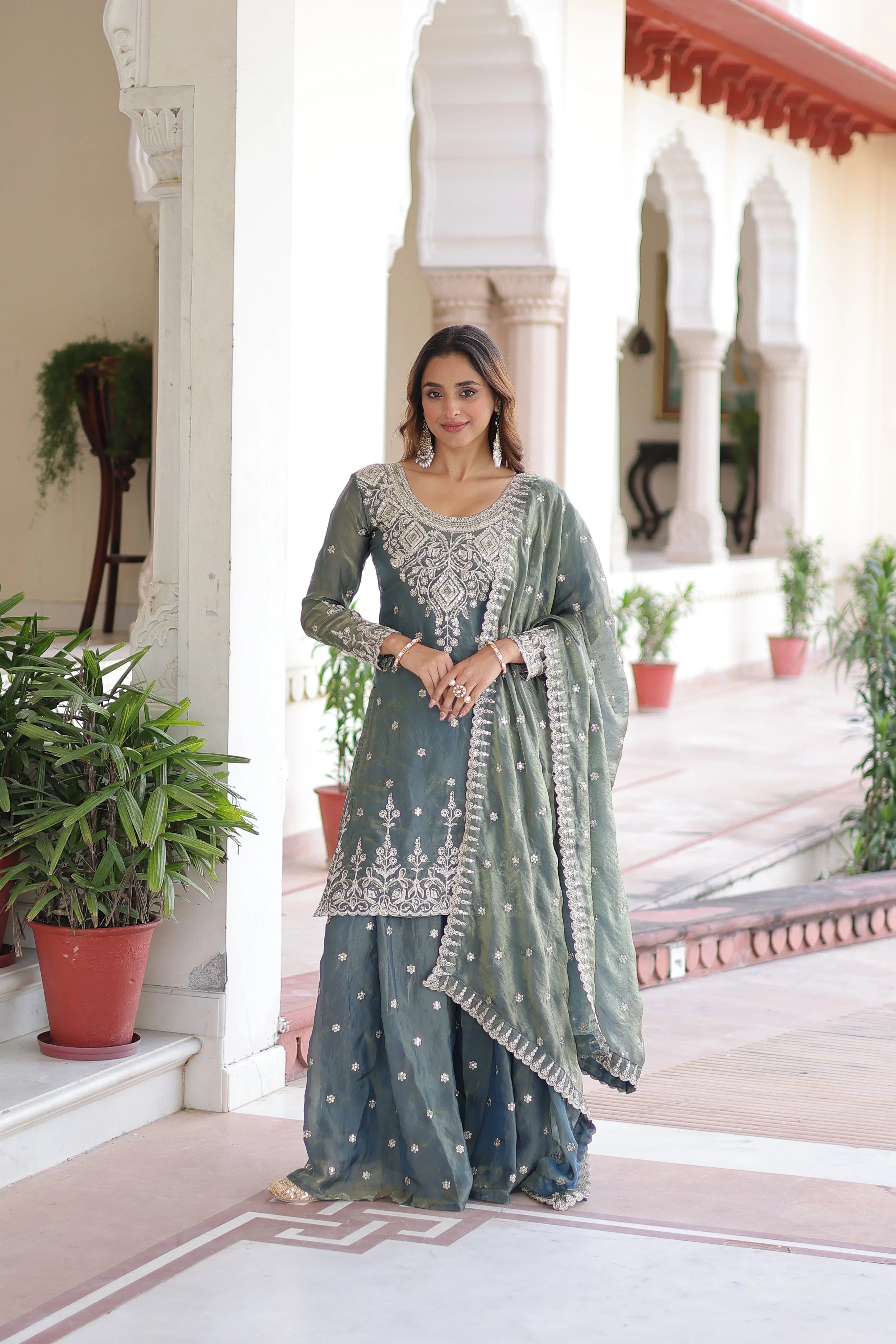 Designer Sharara Suit with Cotton Lining & Full Sleeves - Evara Clothes