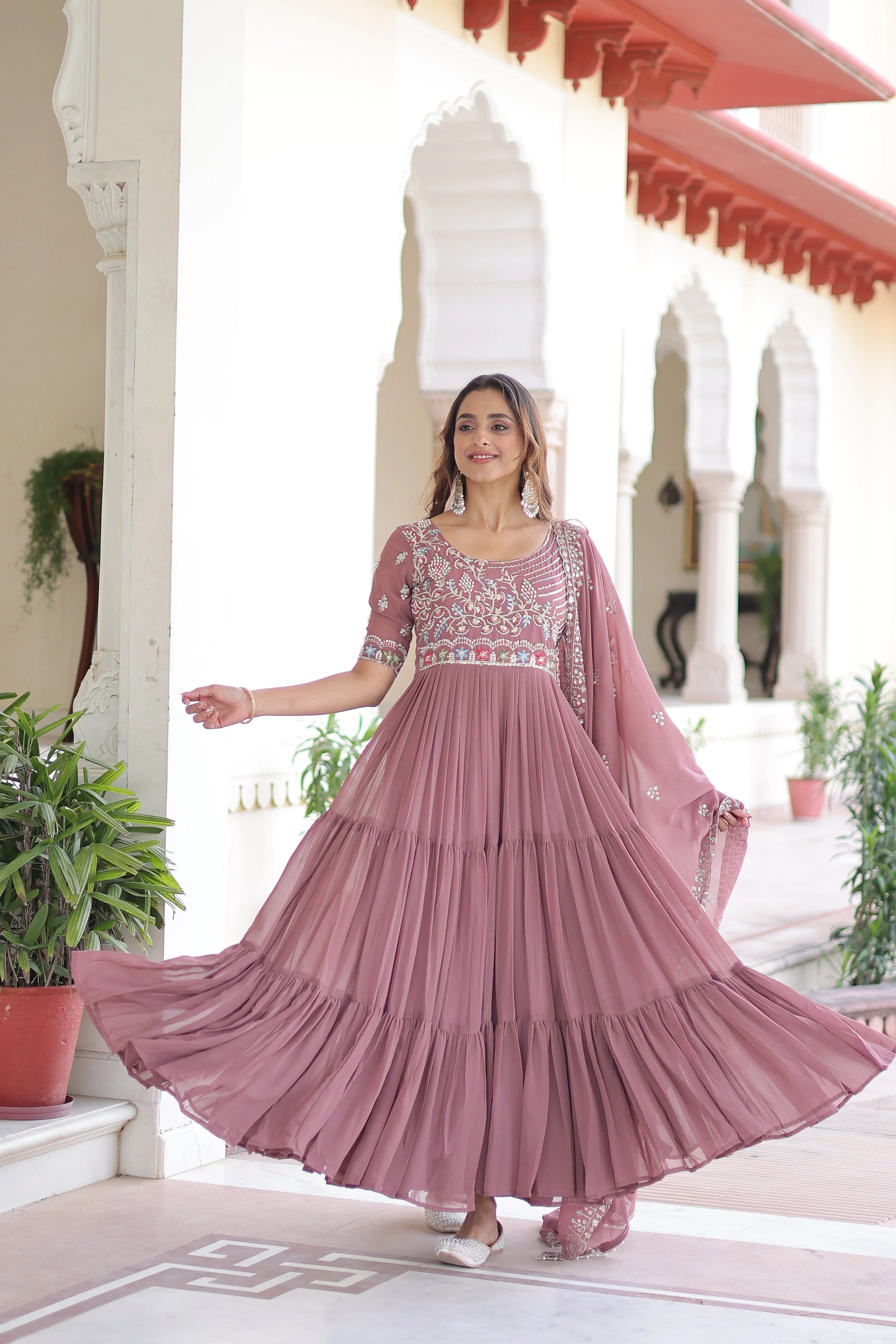 Premium Designer Sequins & Beads Embroidered Readymade Gown with Dupatta - Evara Clothes