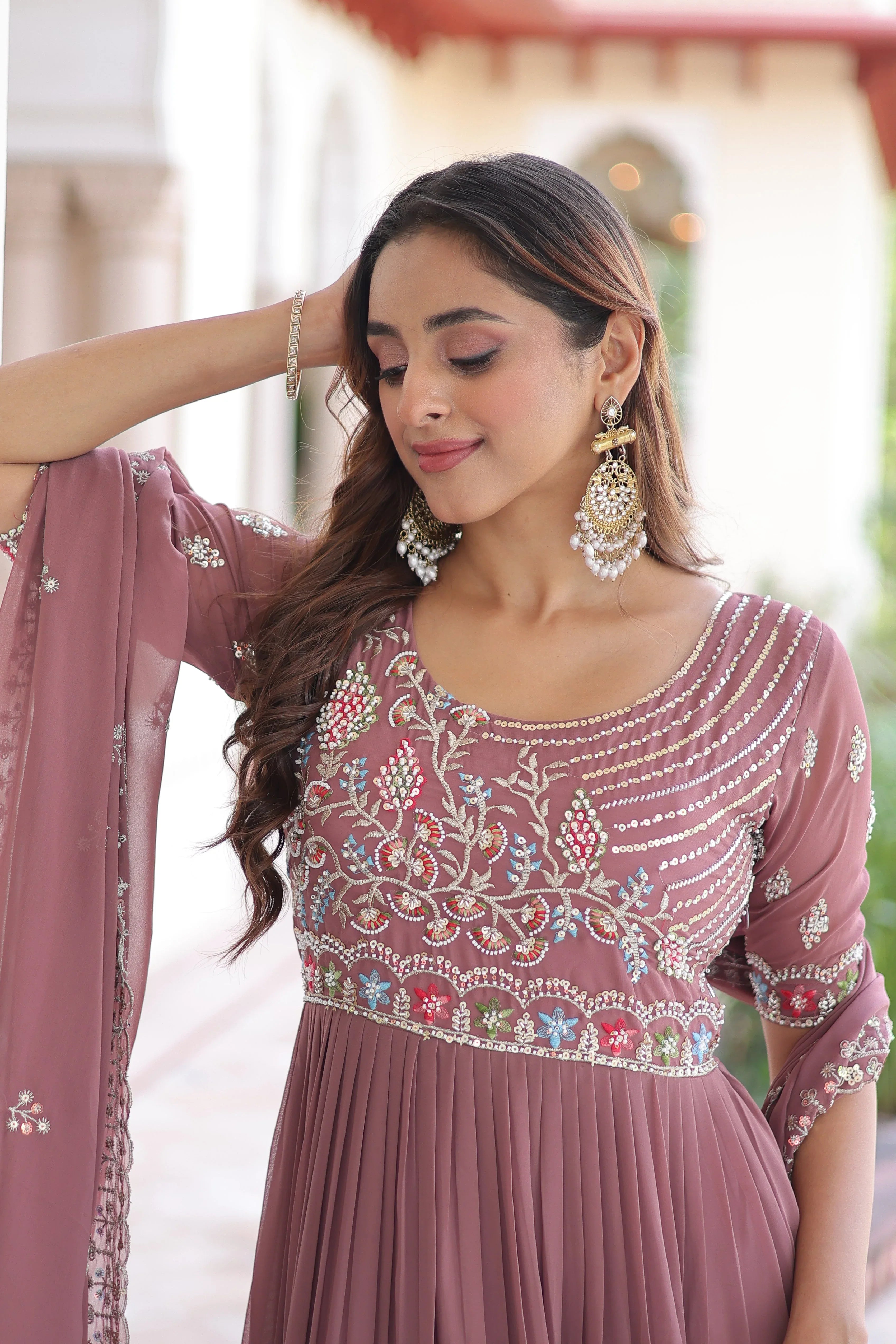 Premium Designer Sequins & Beads Embroidered Readymade Gown with Dupatta - Evara Clothes