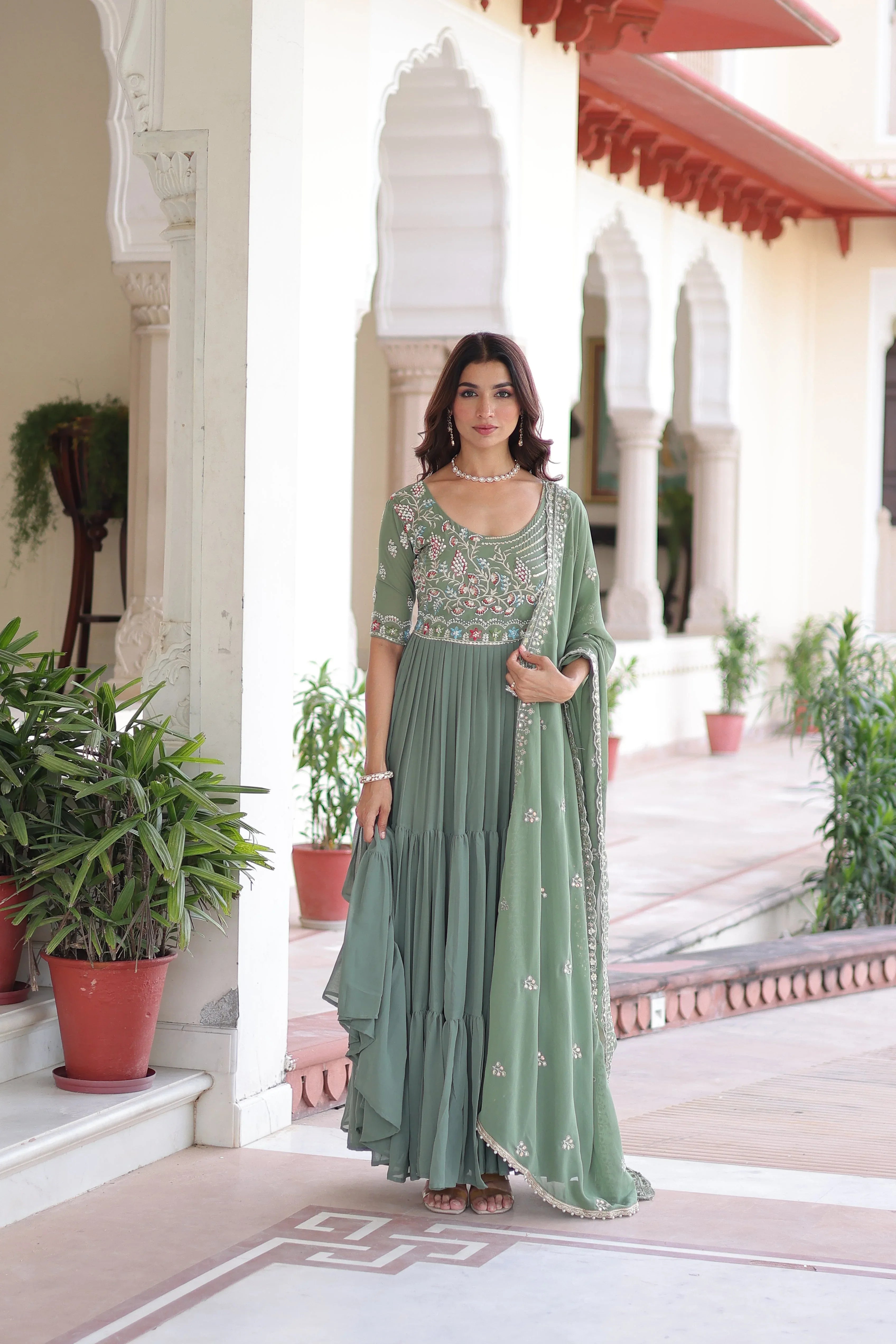 Premium Designer Sequins & Beads Embroidered Readymade Gown with Dupatta - Evara Clothes