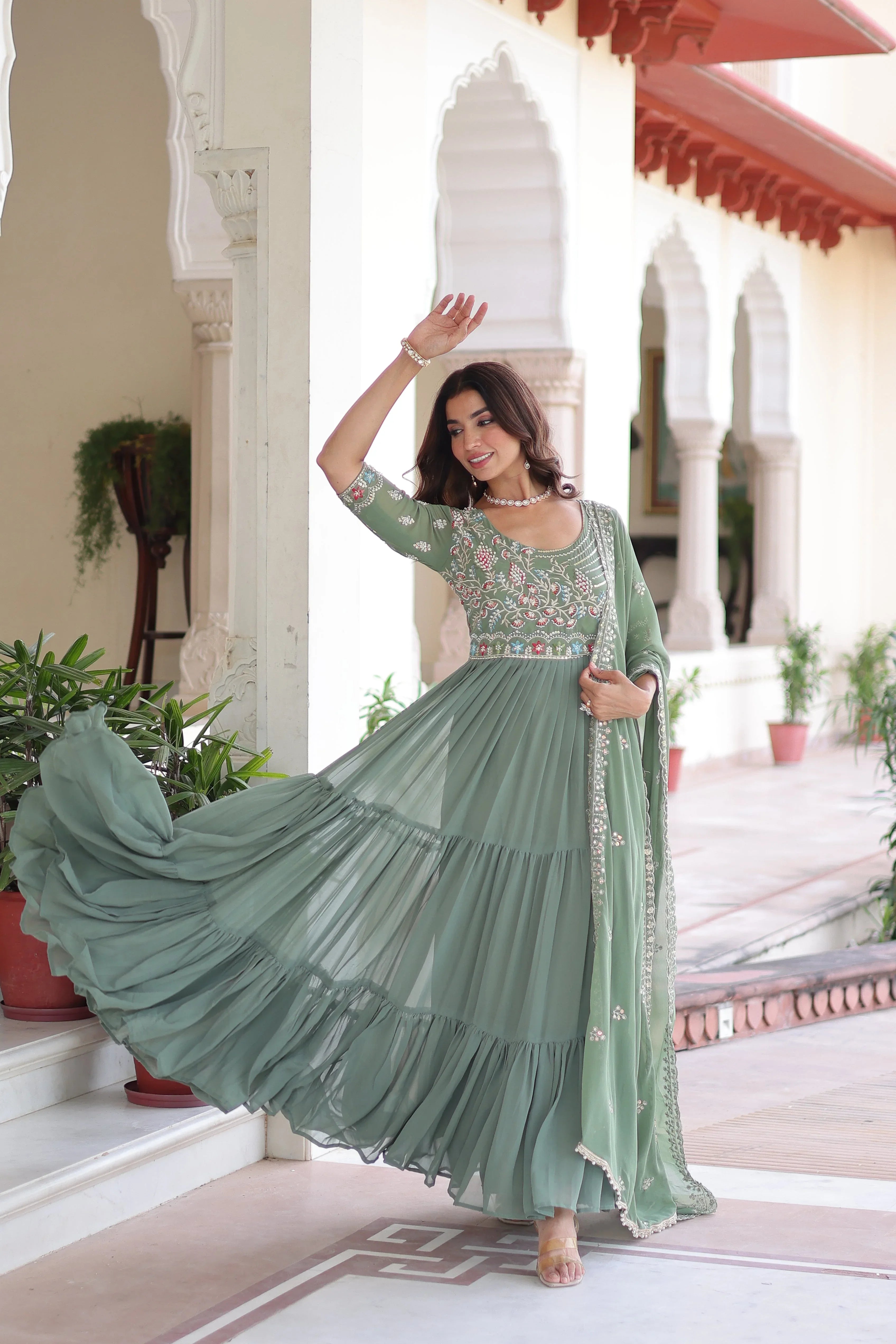 Premium Designer Sequins & Beads Embroidered Readymade Gown with Dupatta - Evara Clothes