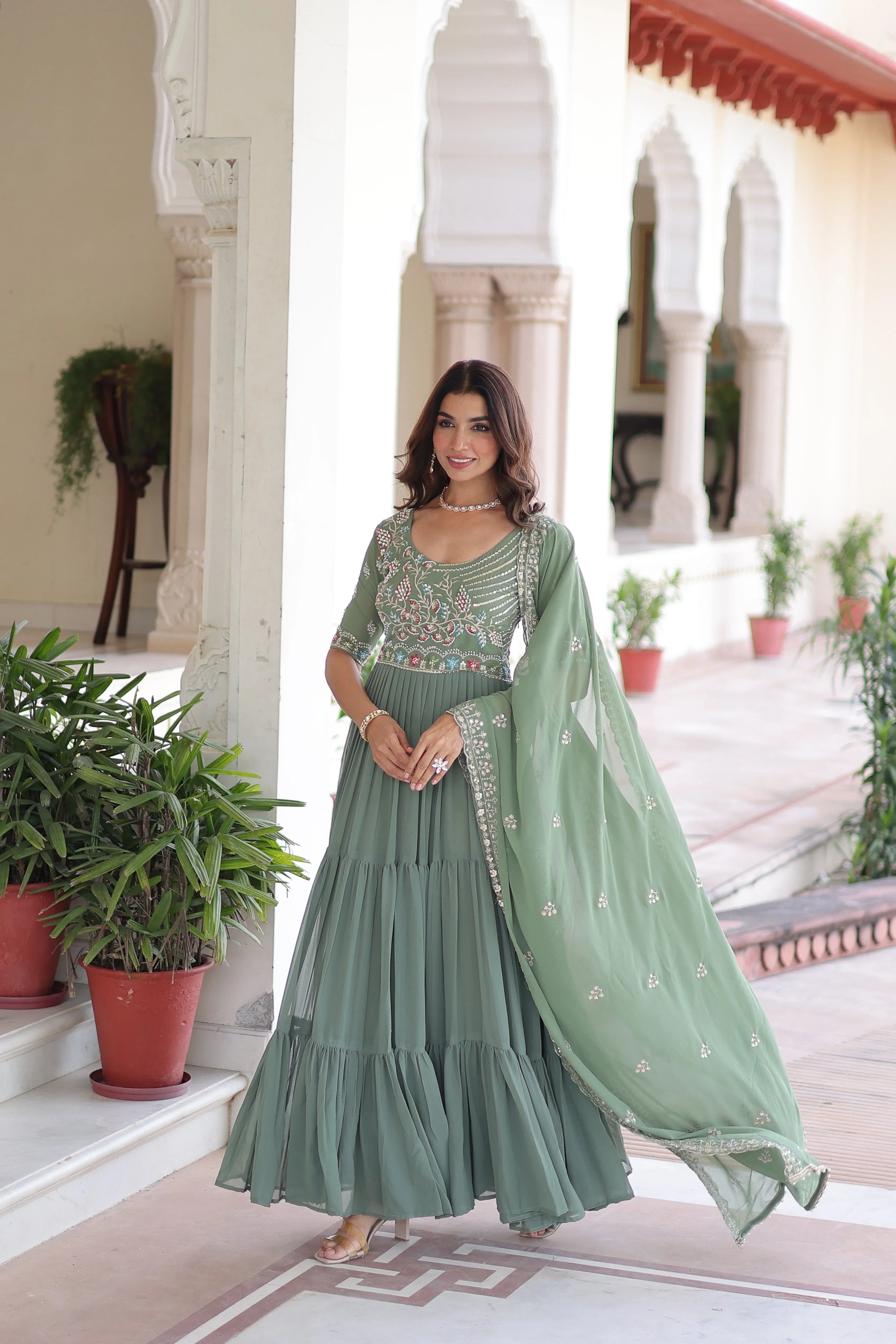 Premium Designer Sequins & Beads Embroidered Readymade Gown with Dupatta - Evara Clothes