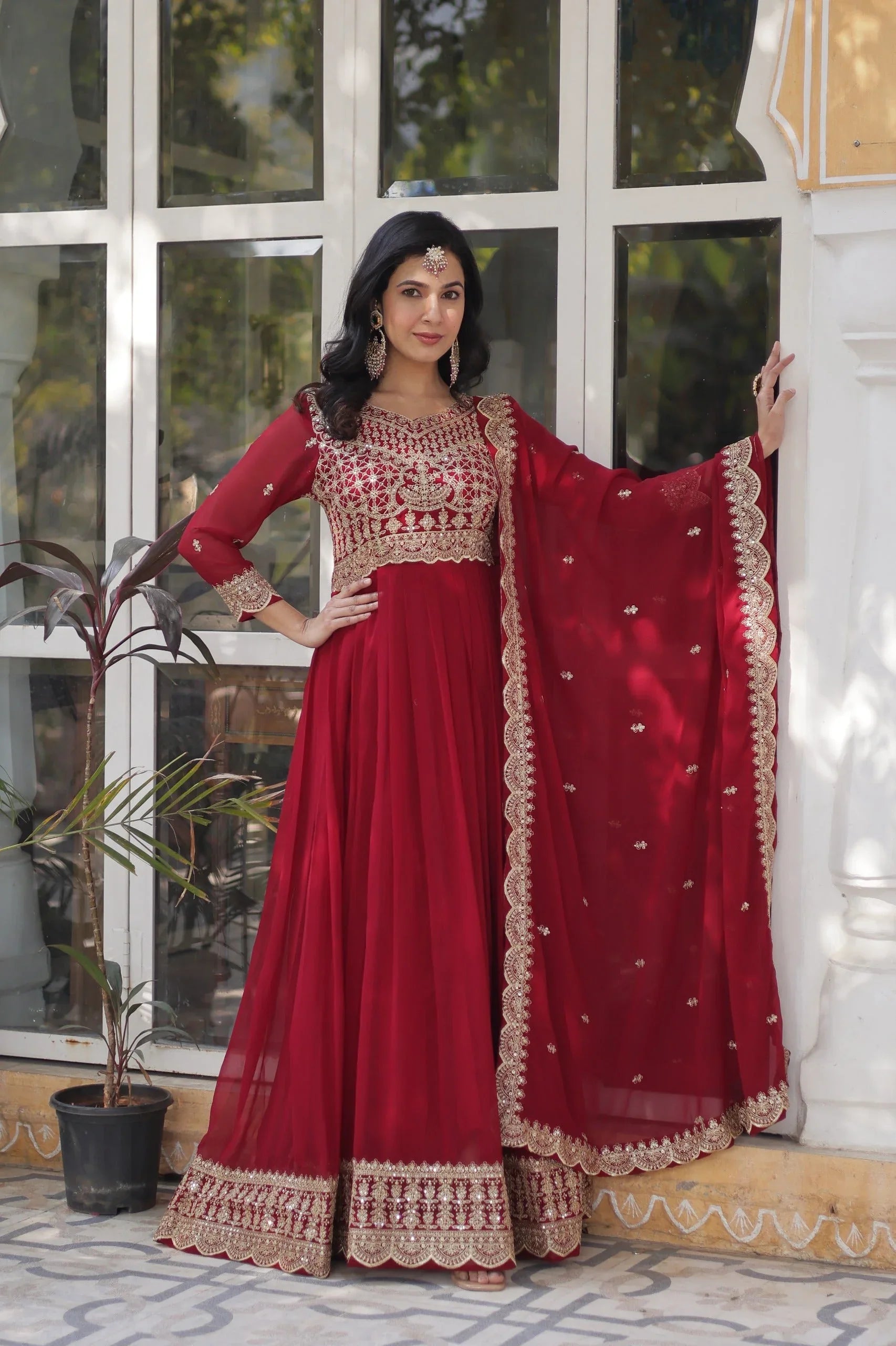 Faux Blooming Zari Sequins Embroidered Gown with Dupatta - Maroon - Evara Clothes