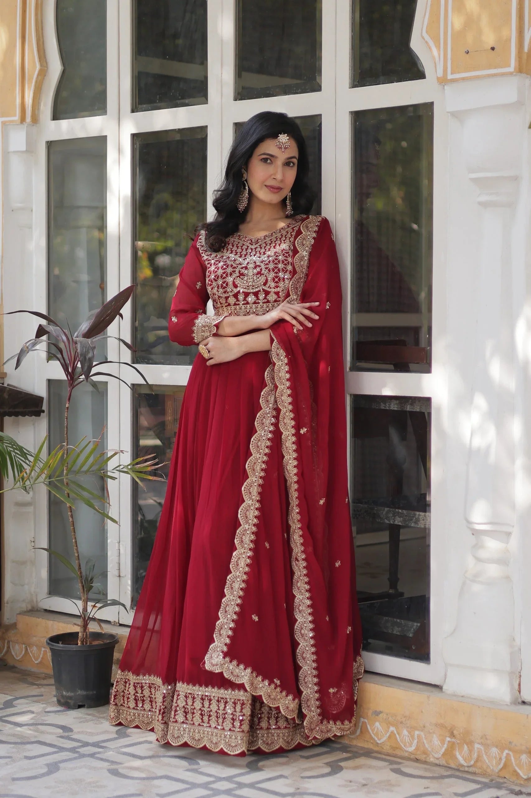 Faux Blooming Zari Sequins Embroidered Gown with Dupatta - Maroon - Evara Clothes