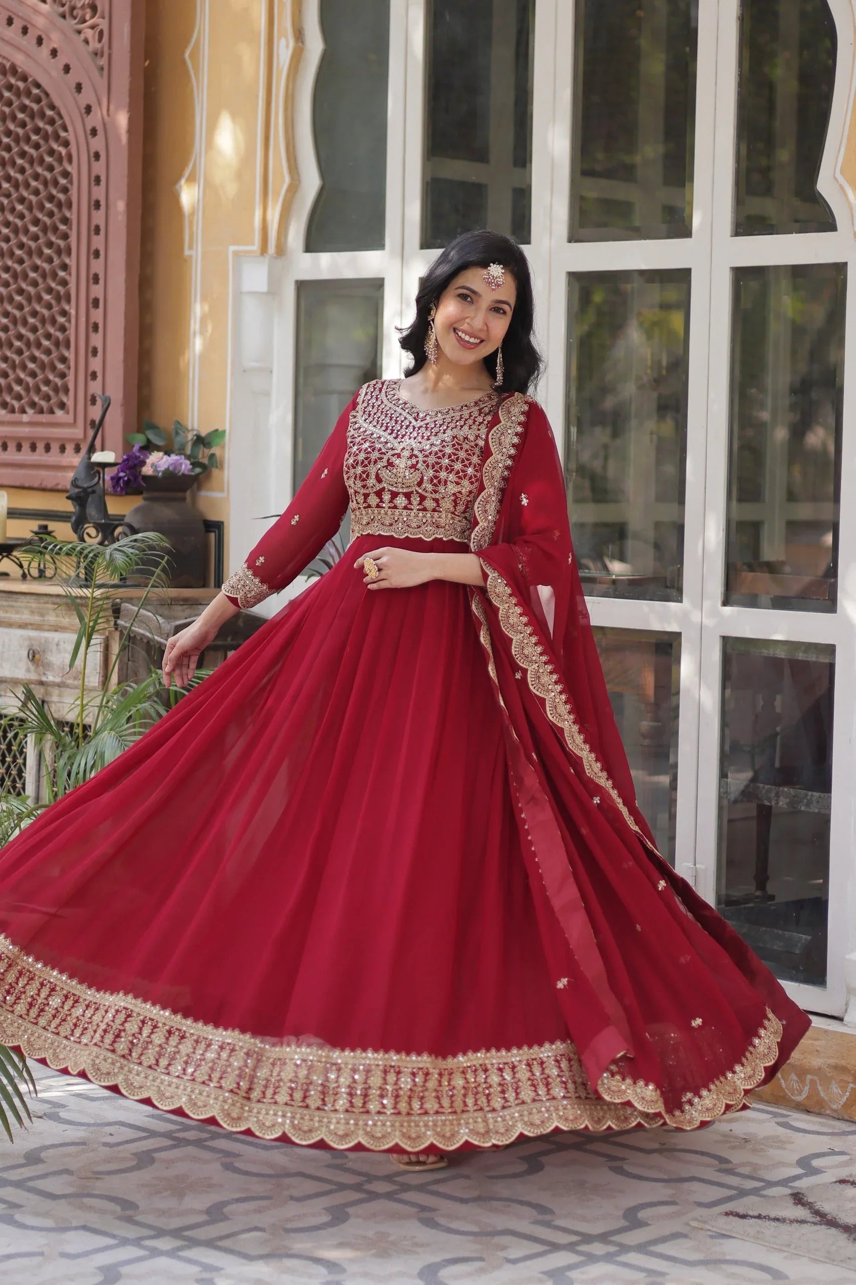 Faux Blooming Zari Sequins Embroidered Gown with Dupatta - Maroon - Evara Clothes