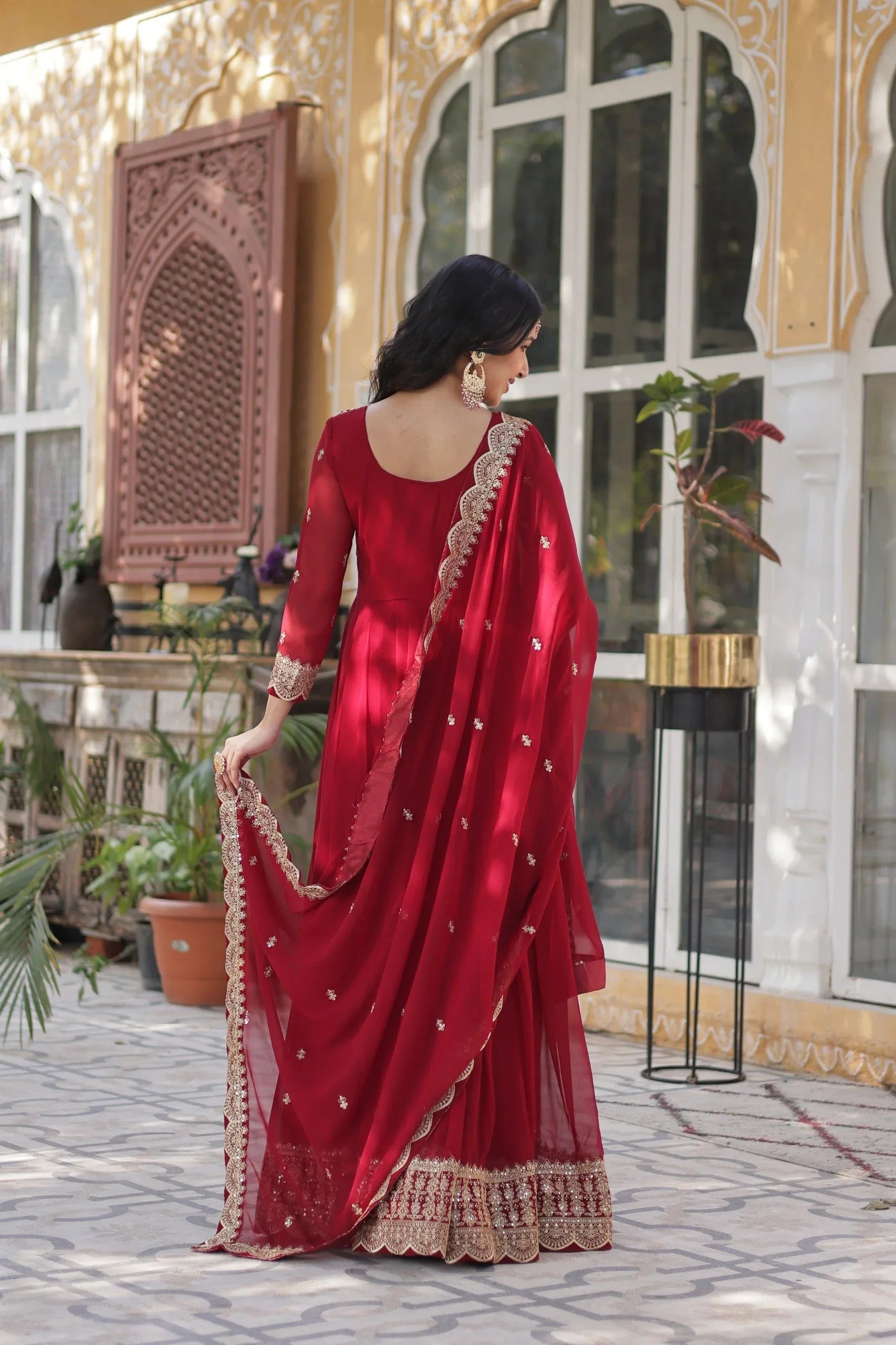 Faux Blooming Zari Sequins Embroidered Gown with Dupatta - Maroon - Evara Clothes