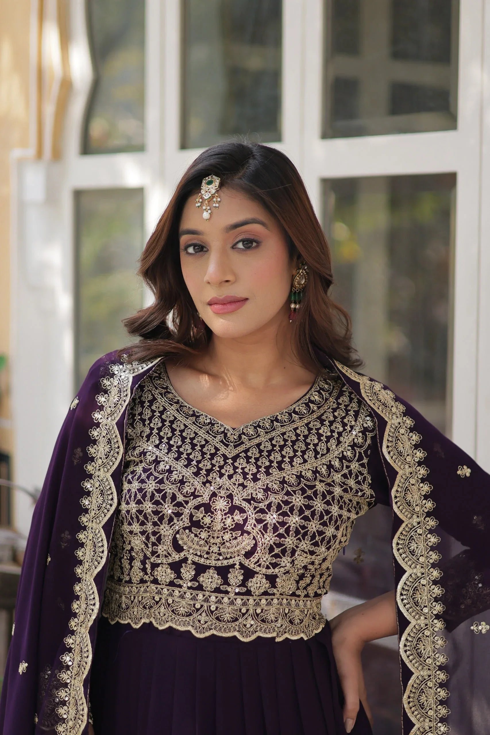 Faux Blooming Zari Sequins Embroidered Gown with Dupatta - Wine - Evara Clothes