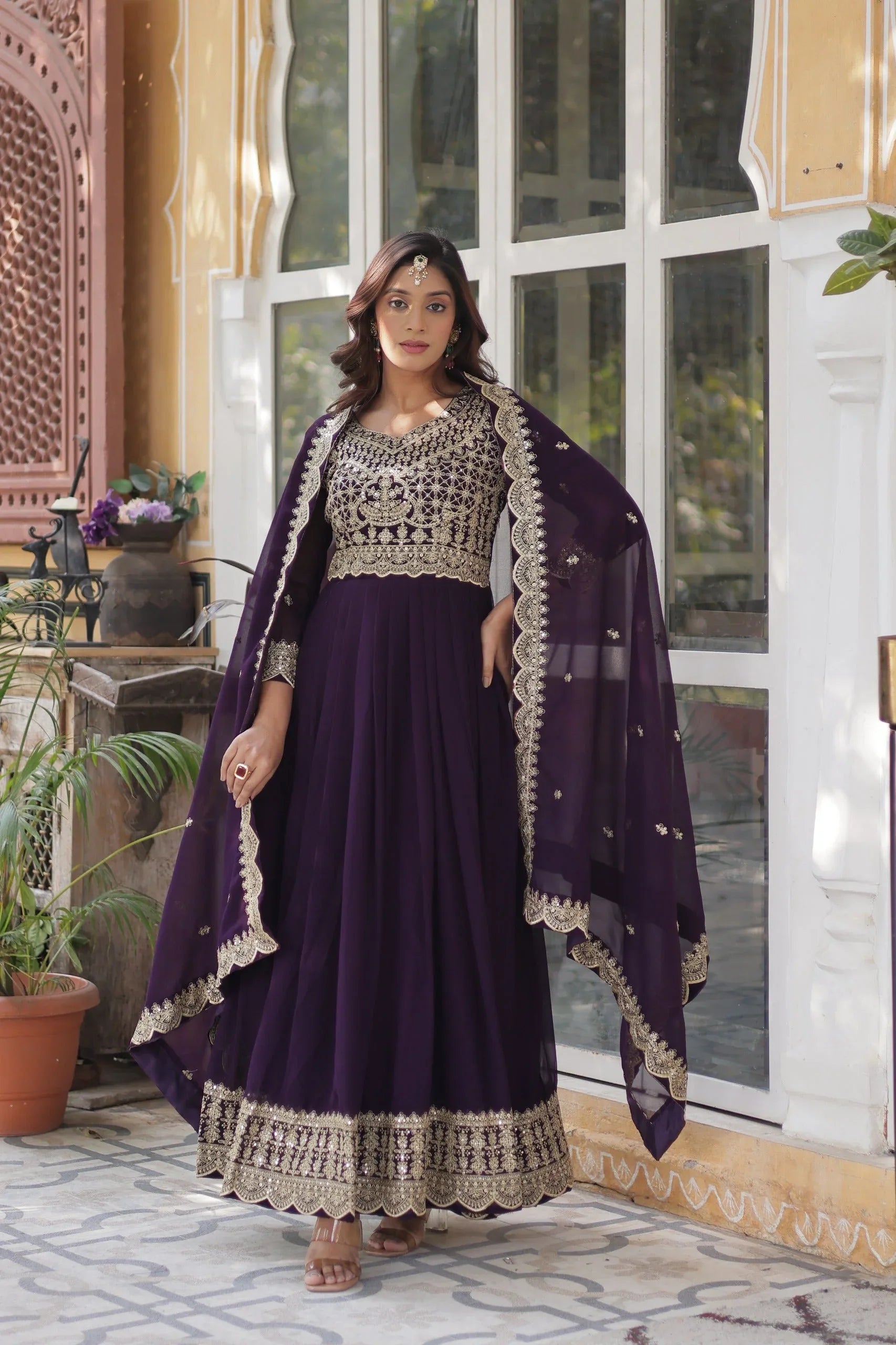 Faux Blooming Zari Sequins Embroidered Gown with Dupatta - Wine - Evara Clothes