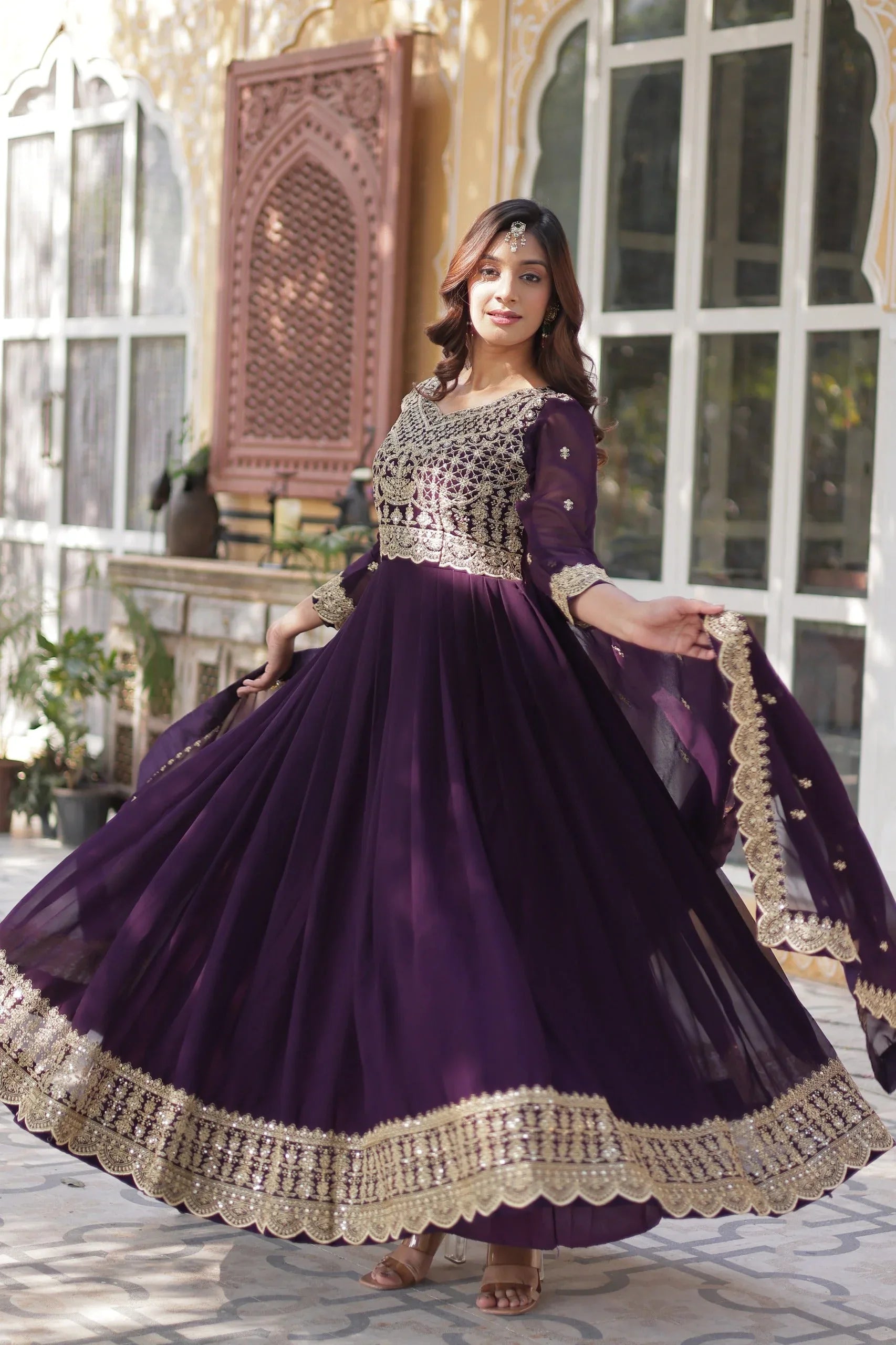 Faux Blooming Zari Sequins Embroidered Gown with Dupatta - Wine - Evara Clothes