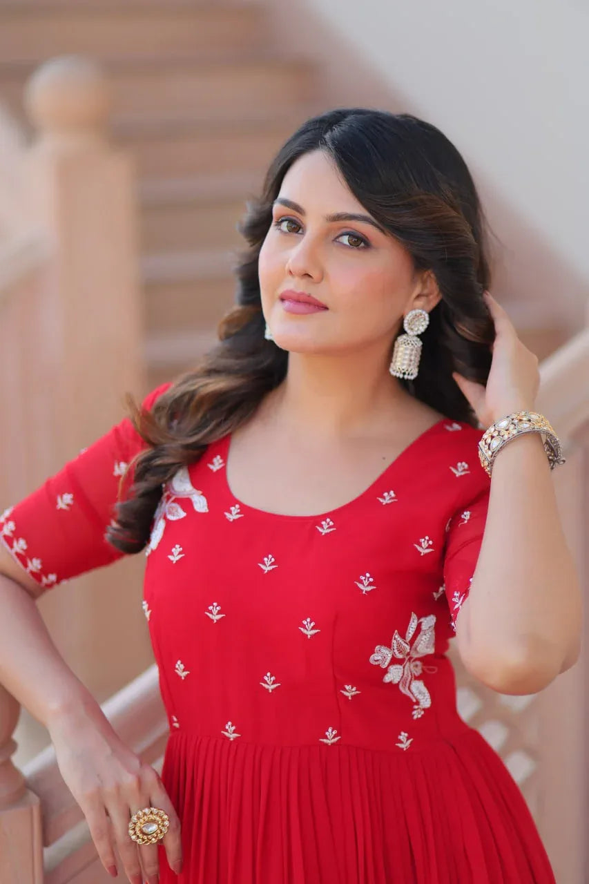 GraceBloom Bead Embroidered Premium Gown - Red - Evara Clothes