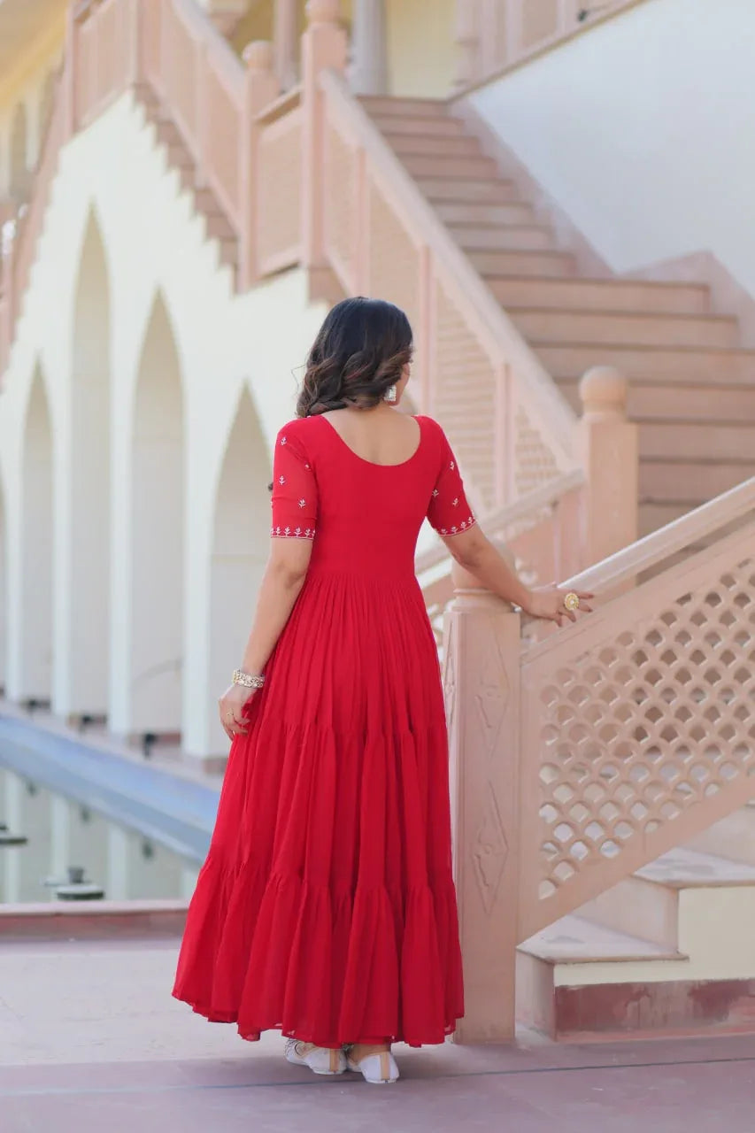 GraceBloom Bead Embroidered Premium Gown - Red - Evara Clothes