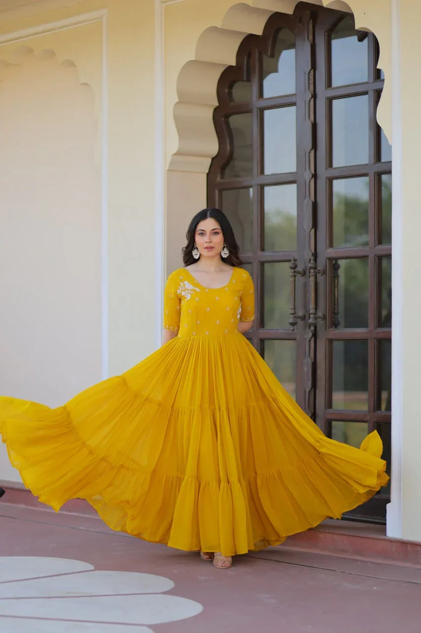 GraceBloom Bead Embroidered Premium Gown - Yellow - Evara Clothes