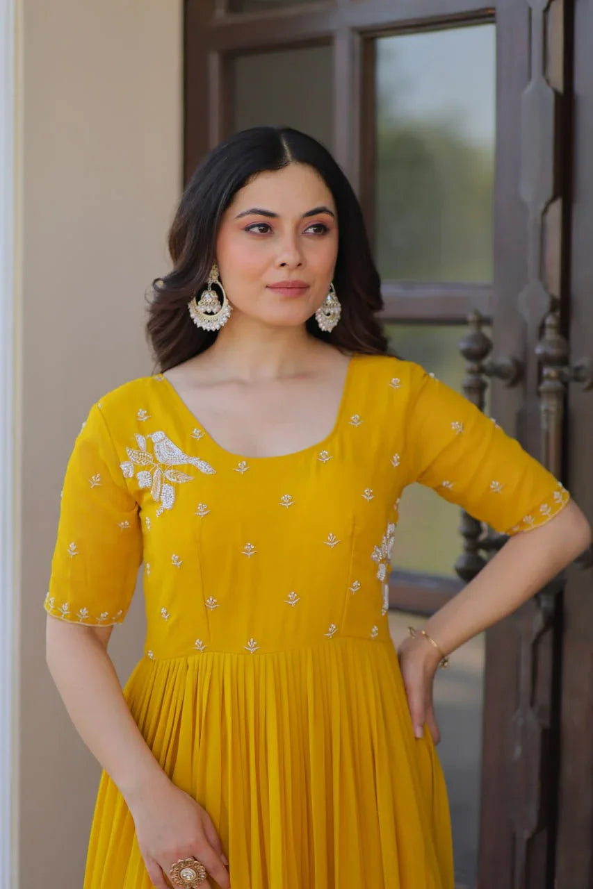 GraceBloom Bead Embroidered Premium Gown - Yellow - Evara Clothes