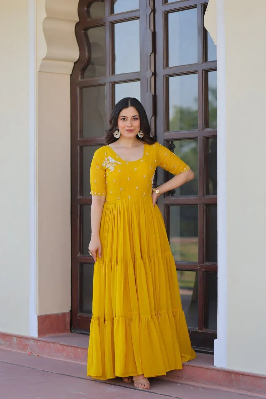 GraceBloom Bead Embroidered Premium Gown - Yellow - Evara Clothes