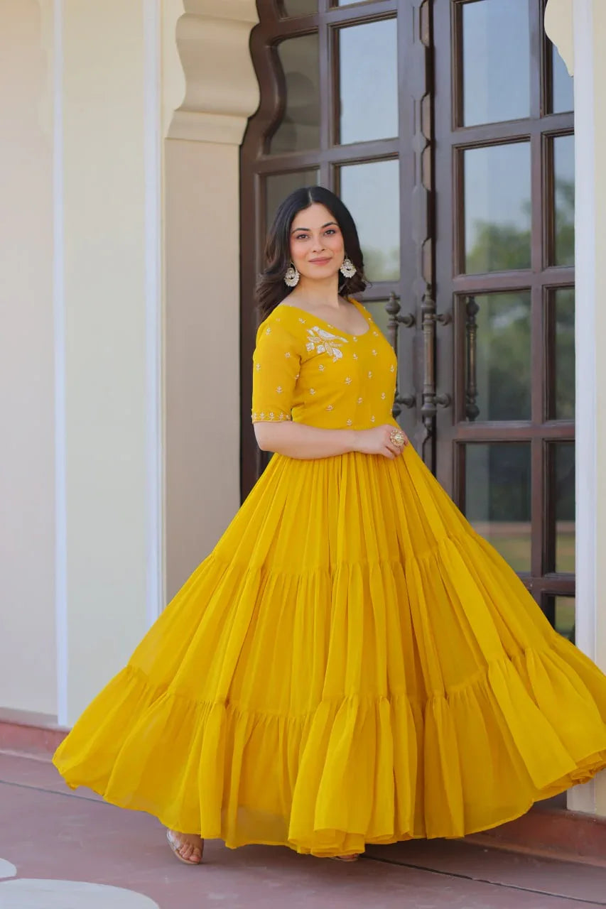 GraceBloom Bead Embroidered Premium Gown - Yellow - Evara Clothes