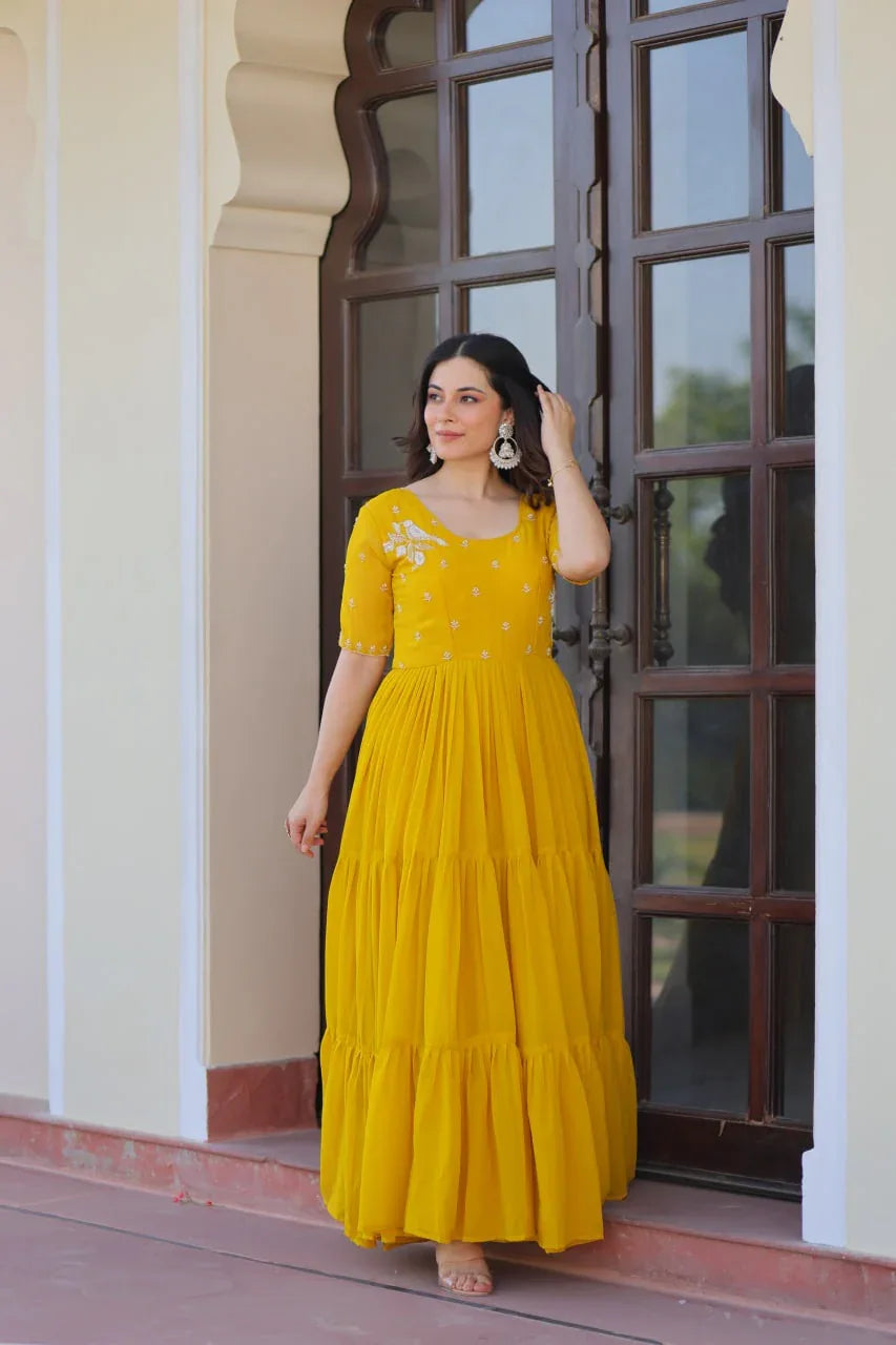 GraceBloom Bead Embroidered Premium Gown - Yellow - Evara Clothes