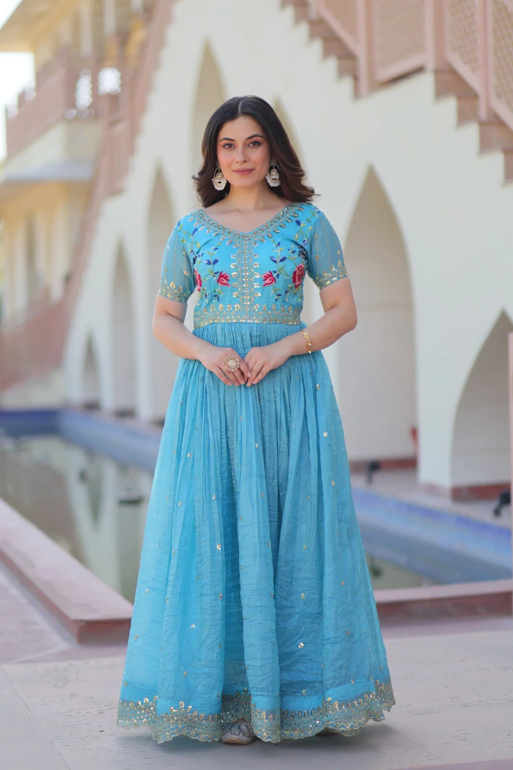 Premium Designer Readymade Gown - Blue - Evara Clothes
