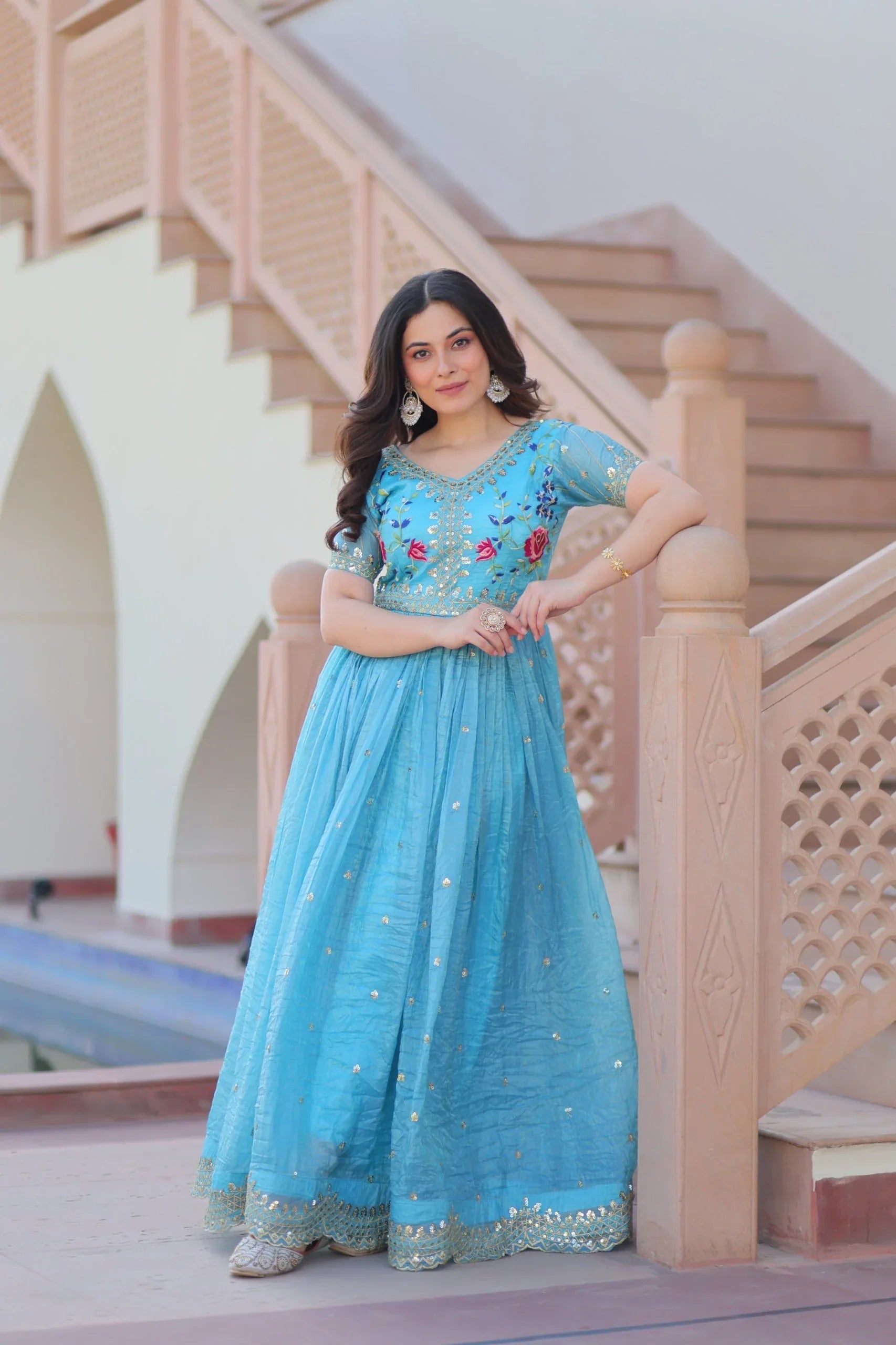 Premium Designer Readymade Gown - Blue - Evara Clothes