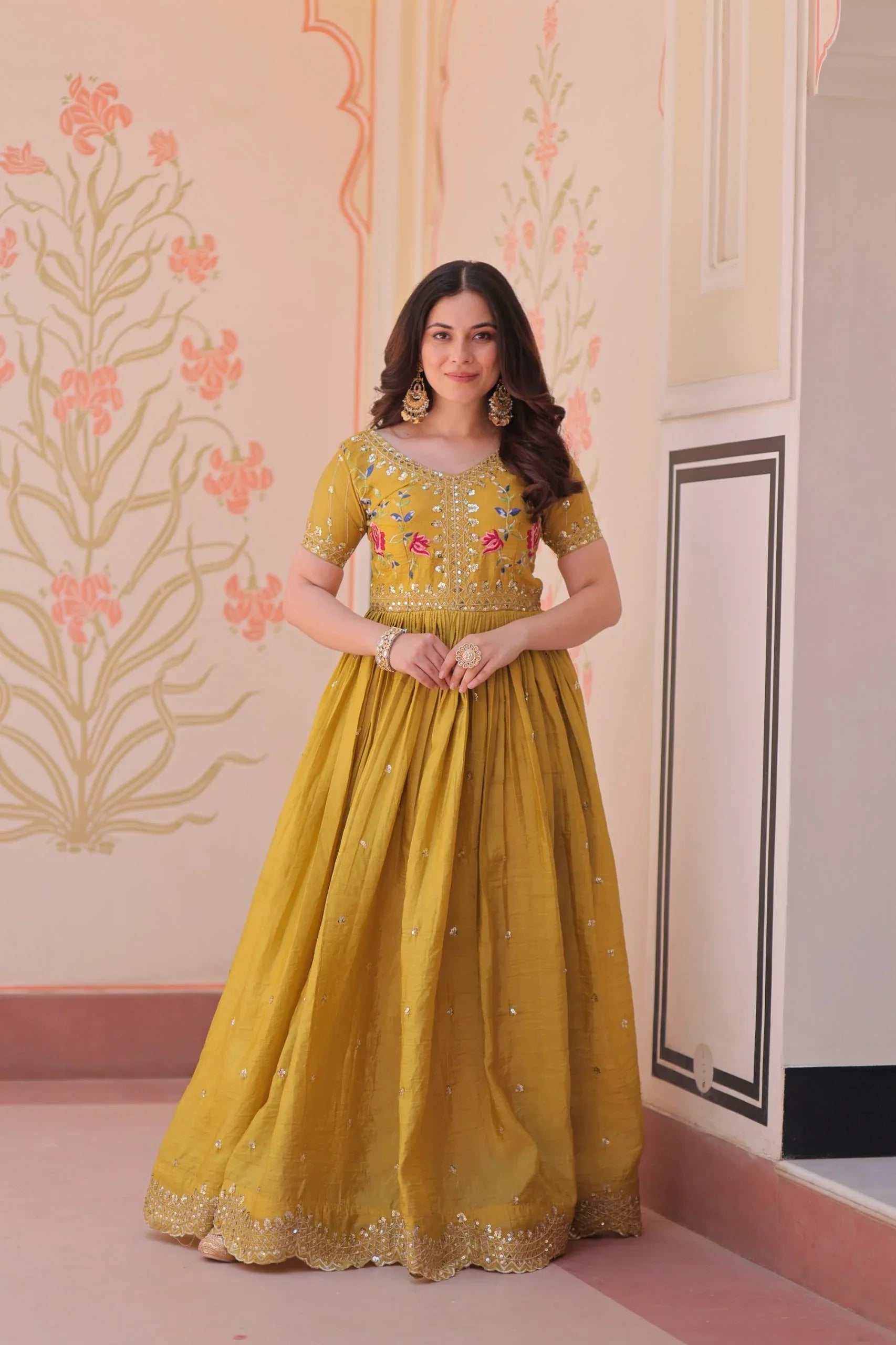 Premium Designer Readymade Gown - Yellow - Evara Clothes