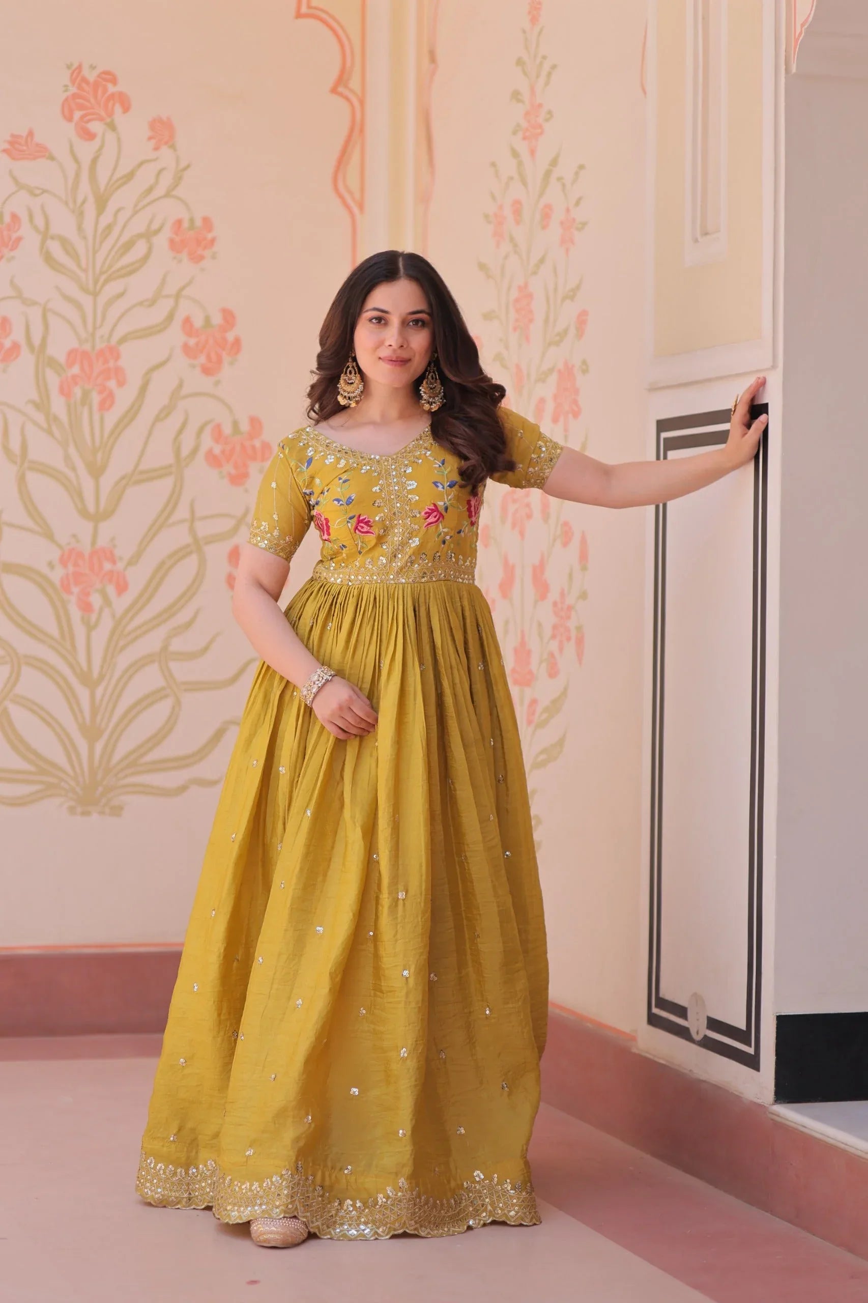 Premium Designer Readymade Gown - Yellow - Evara Clothes