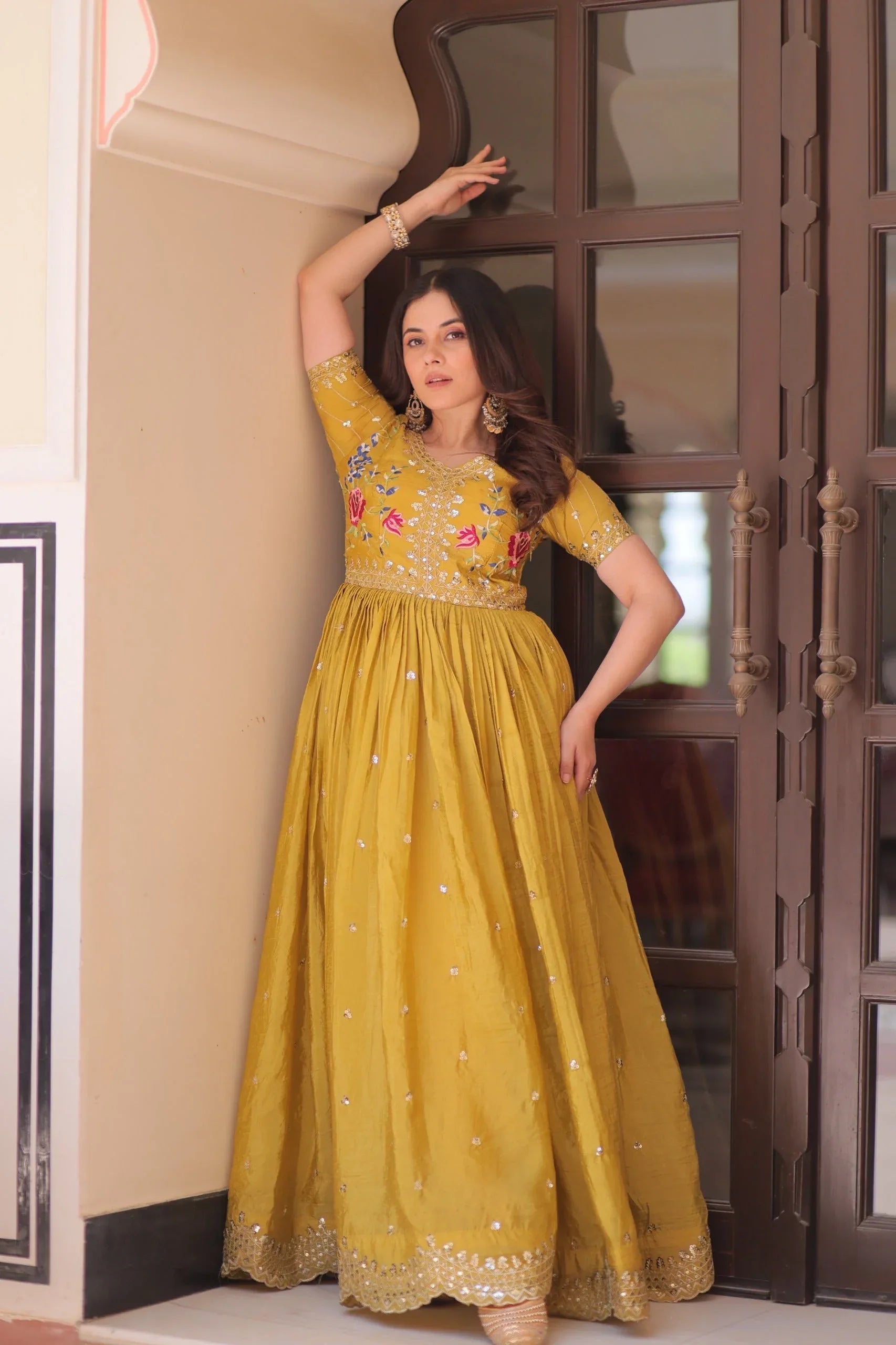 Premium Designer Readymade Gown - Yellow - Evara Clothes