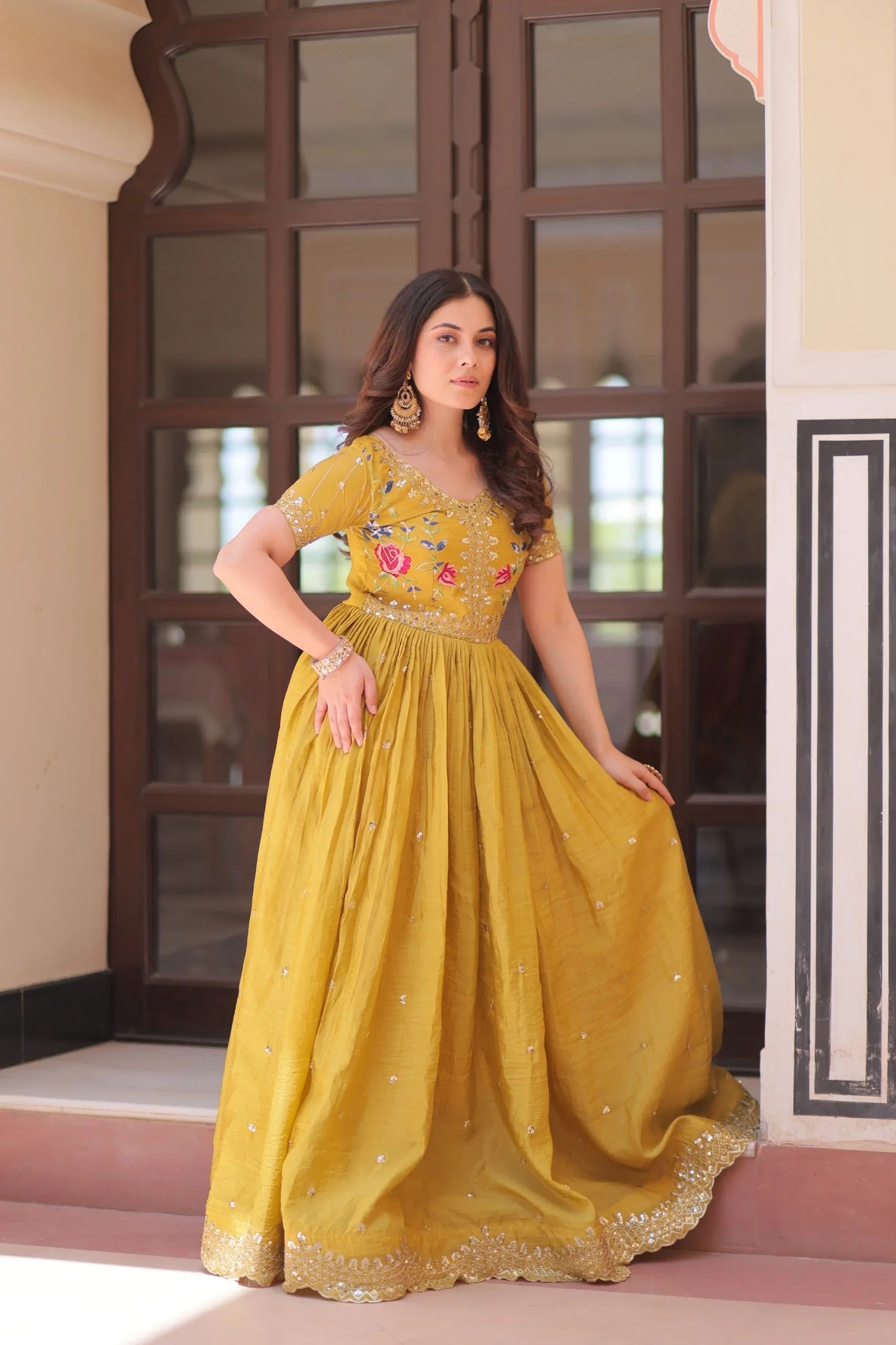 Premium Designer Readymade Gown - Yellow - Evara Clothes