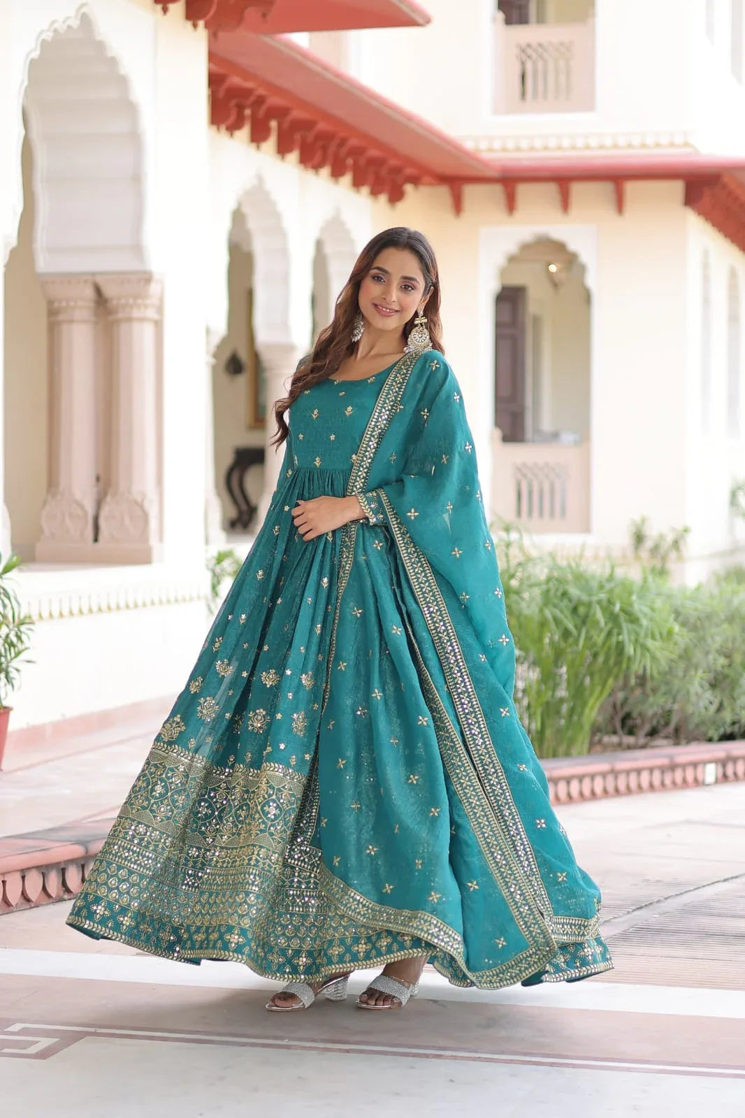 Silver Sequins Embroidered Gown with Dupatta for Women - Evara Clothes