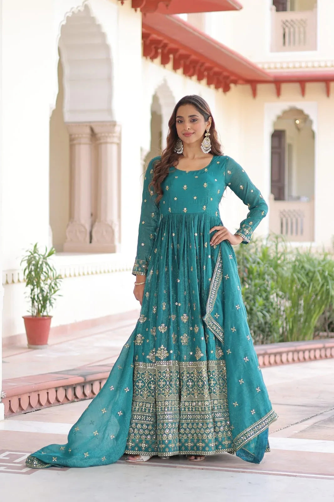 Silver Sequins Embroidered Gown with Dupatta for Women - Evara Clothes