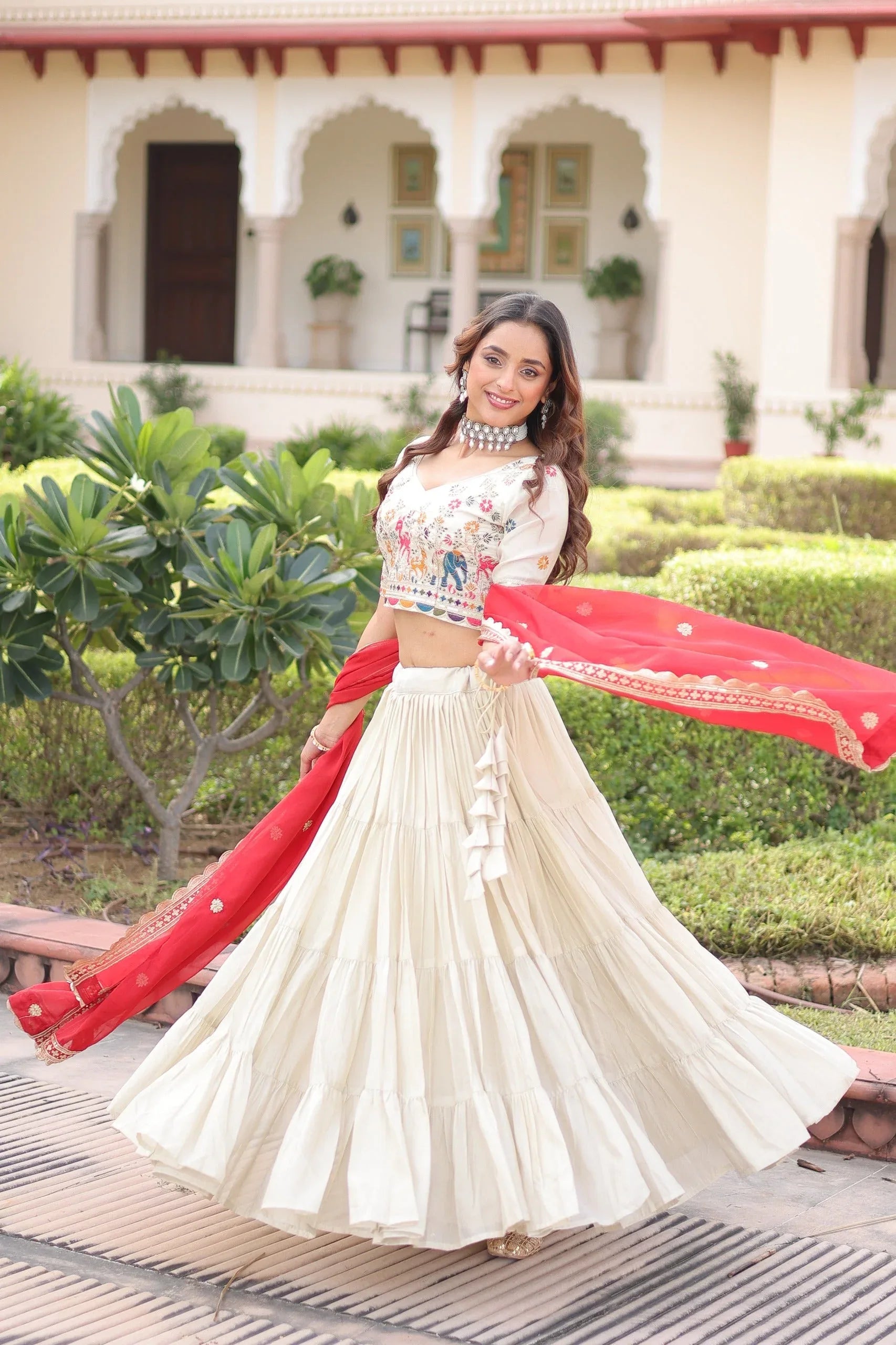Cosmos Silk Lehenga Choli with Embroidered Blouse & Dupatta - Red - Evara Clothes