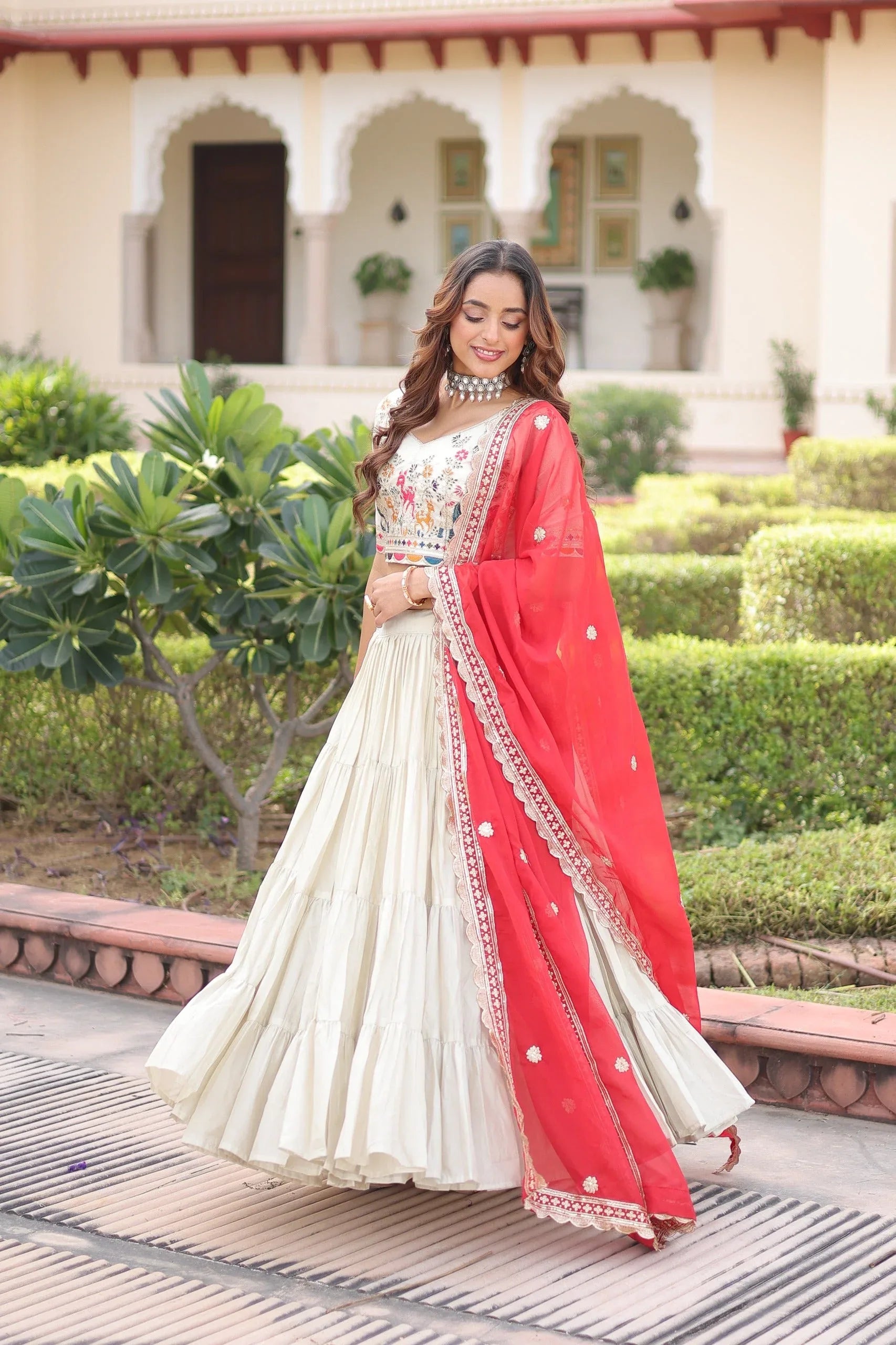 Cosmos Silk Lehenga Choli with Embroidered Blouse & Dupatta - Red - Evara Clothes