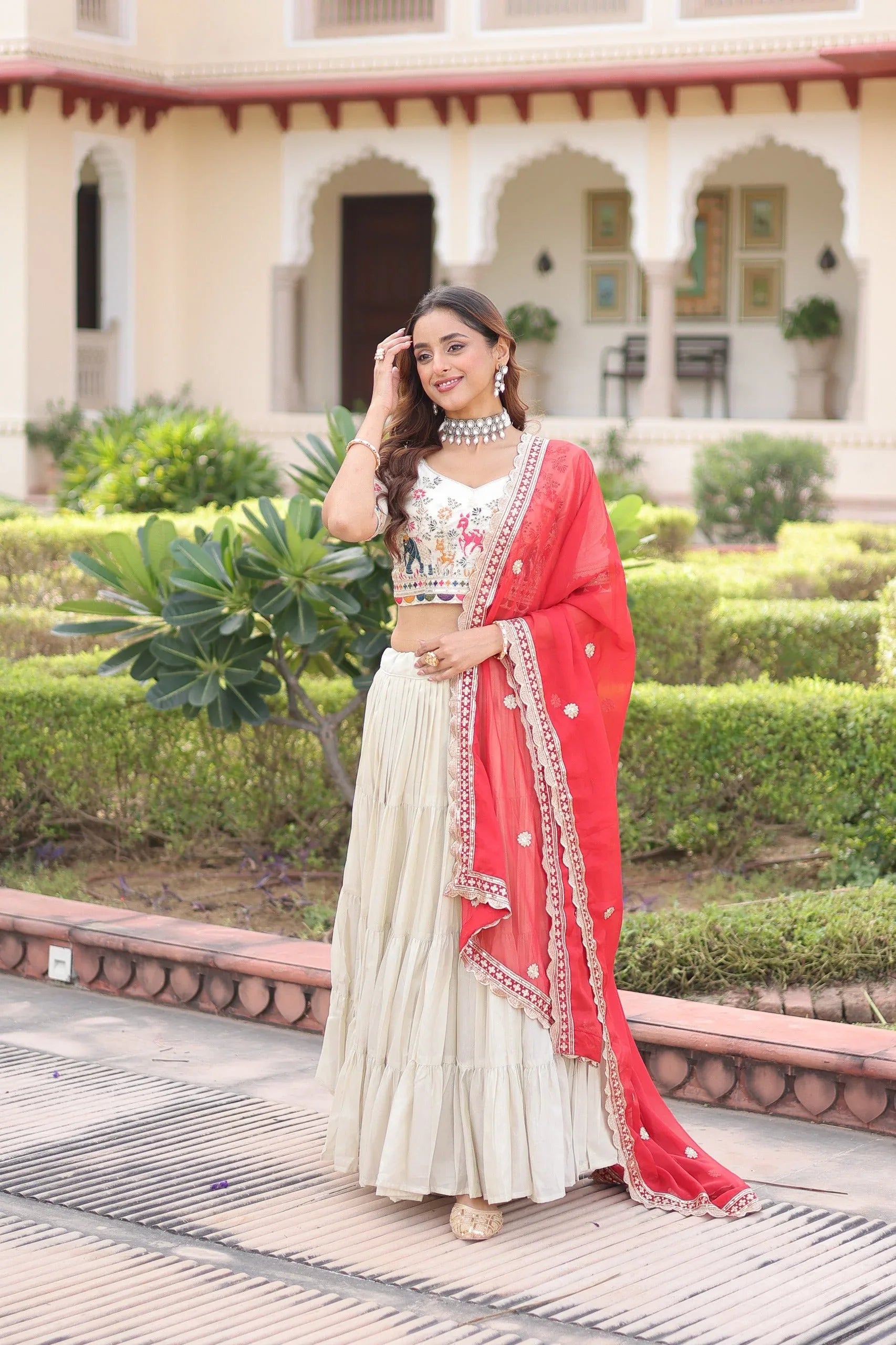 Cosmos Silk Lehenga Choli with Embroidered Blouse & Dupatta - Red - Evara Clothes