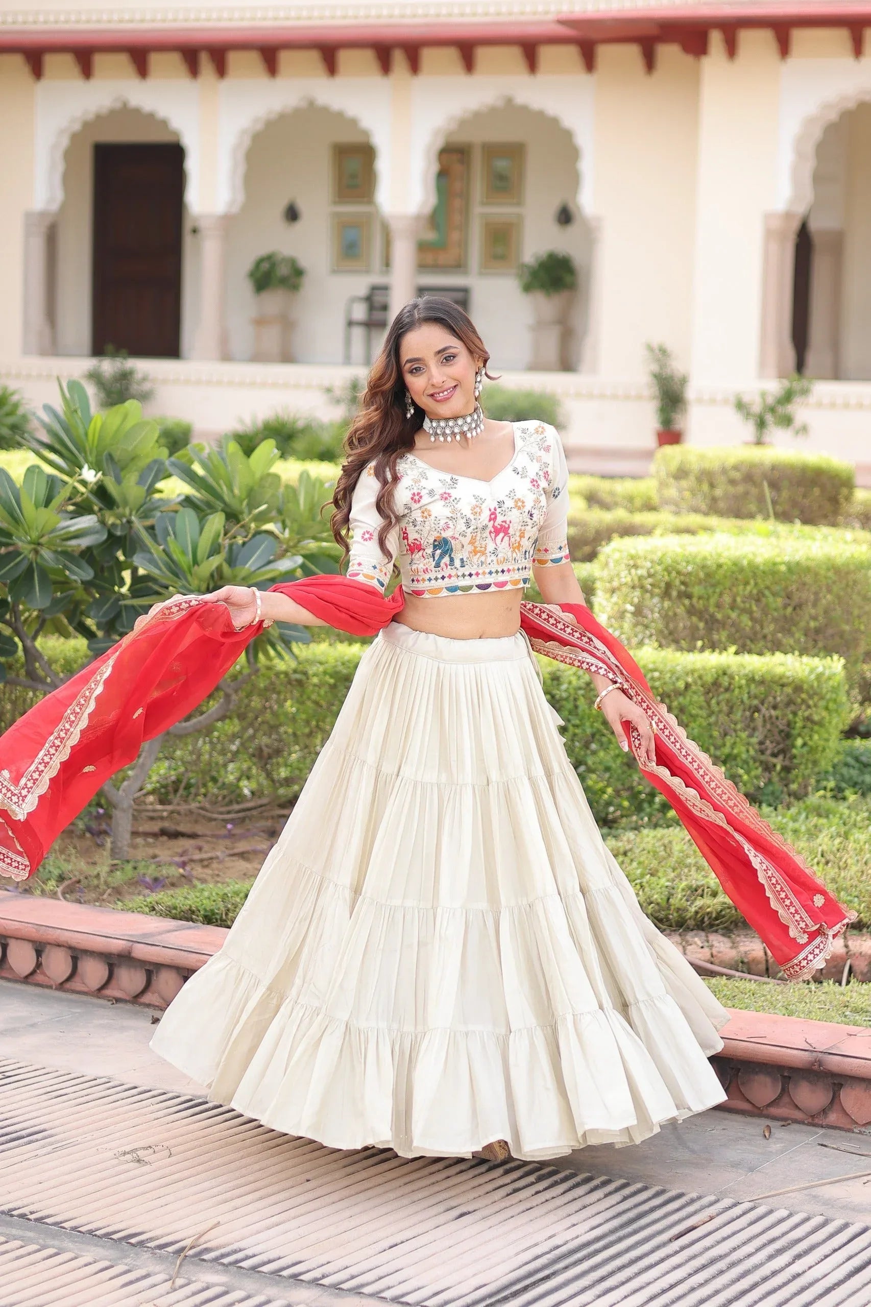 Cosmos Silk Lehenga Choli with Embroidered Blouse & Dupatta - Red - Evara Clothes