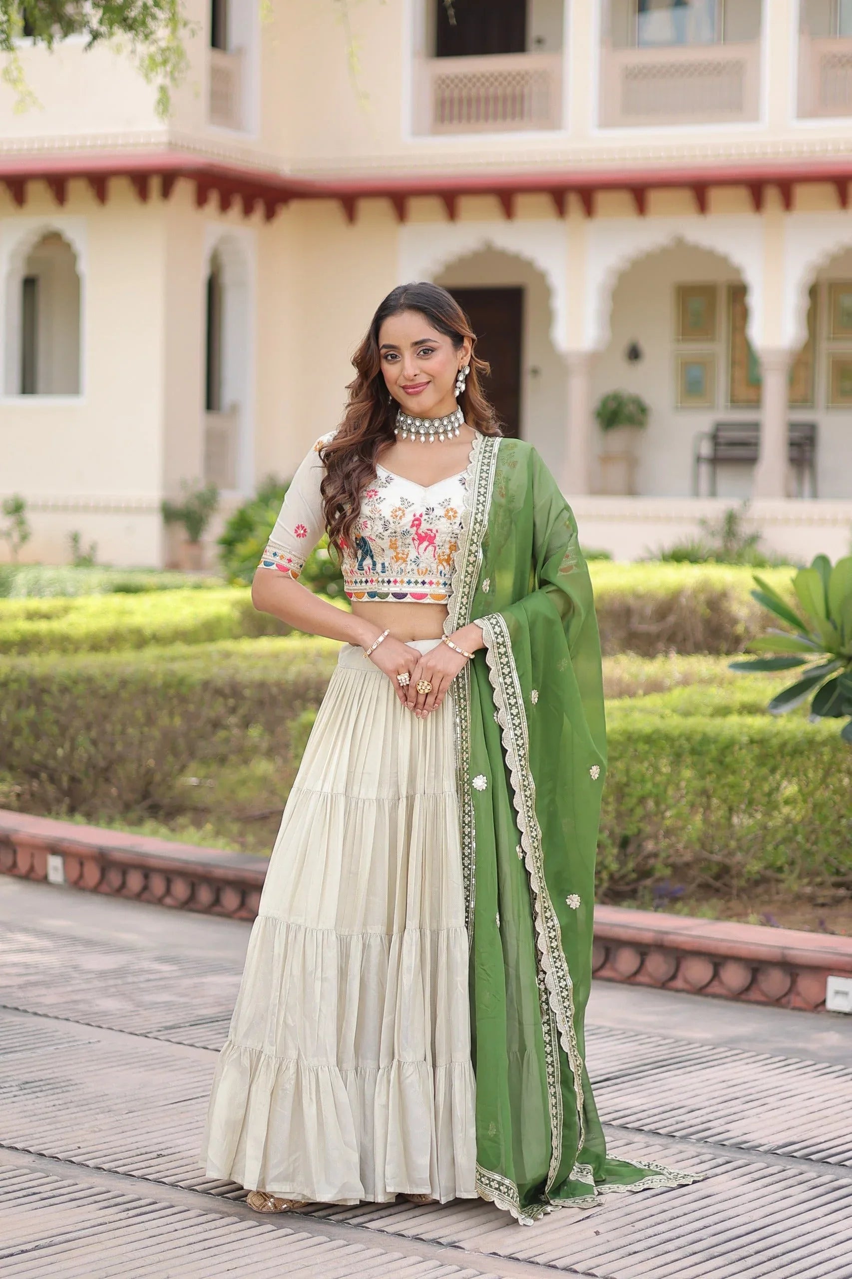 Cosmos Silk Lehenga Choli with Embroidered Blouse & Dupatta - Green - Evara Clothes