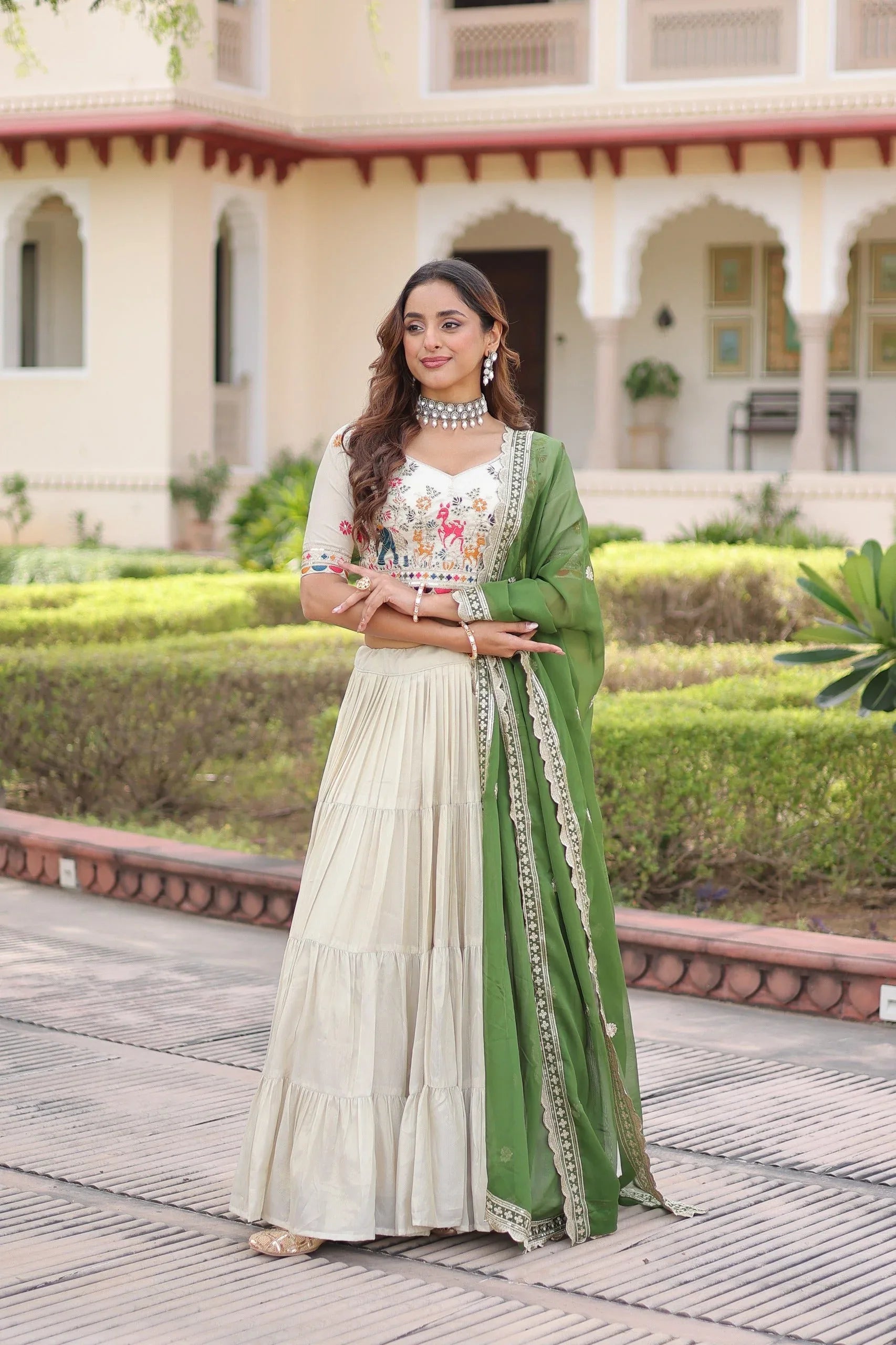 Cosmos Silk Lehenga Choli with Embroidered Blouse & Dupatta - Green - Evara Clothes