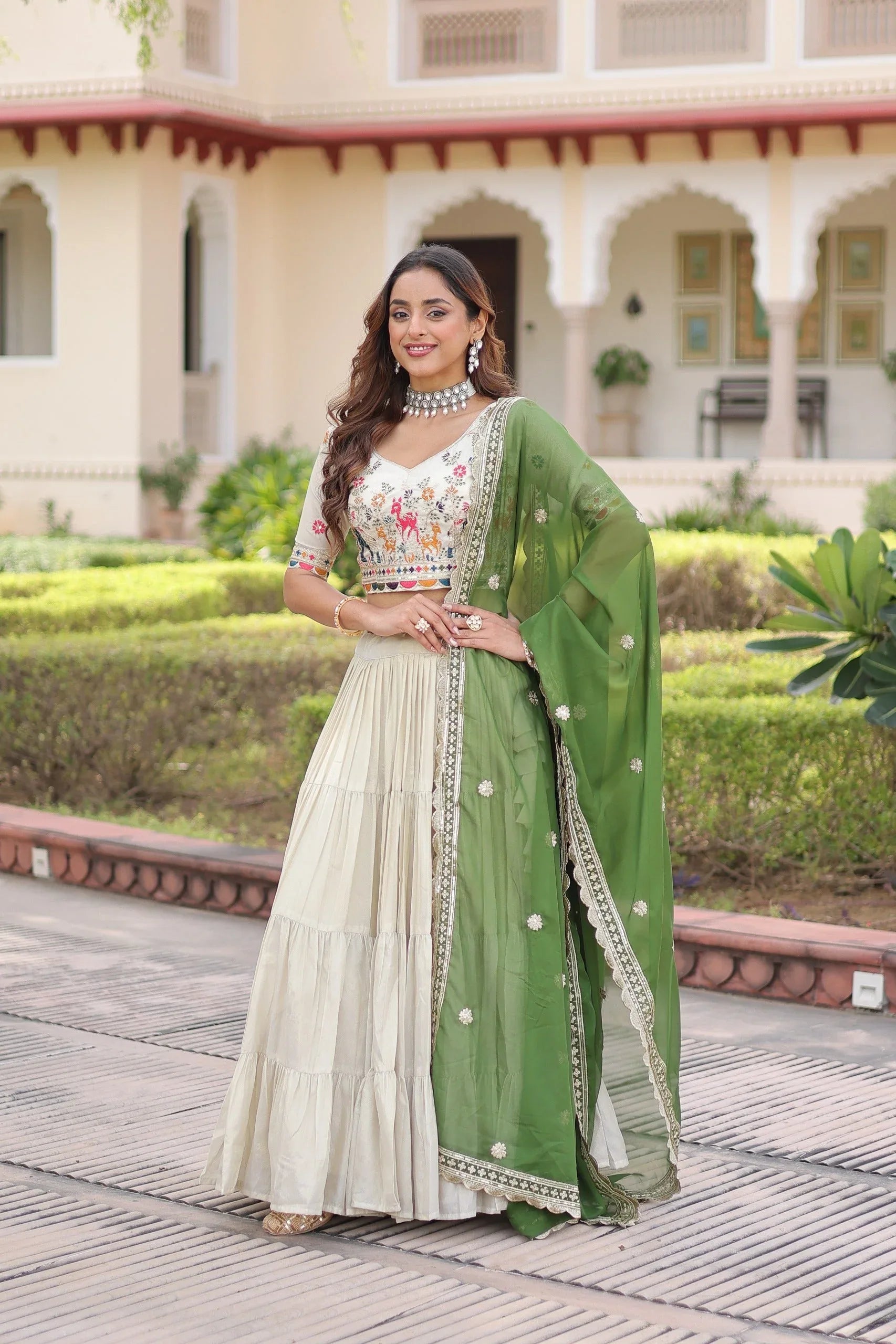 Cosmos Silk Lehenga Choli with Embroidered Blouse & Dupatta - Green - Evara Clothes