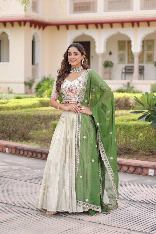 Cosmos Silk Lehenga Choli with Embroidered Blouse & Dupatta - Green - Evara Clothes