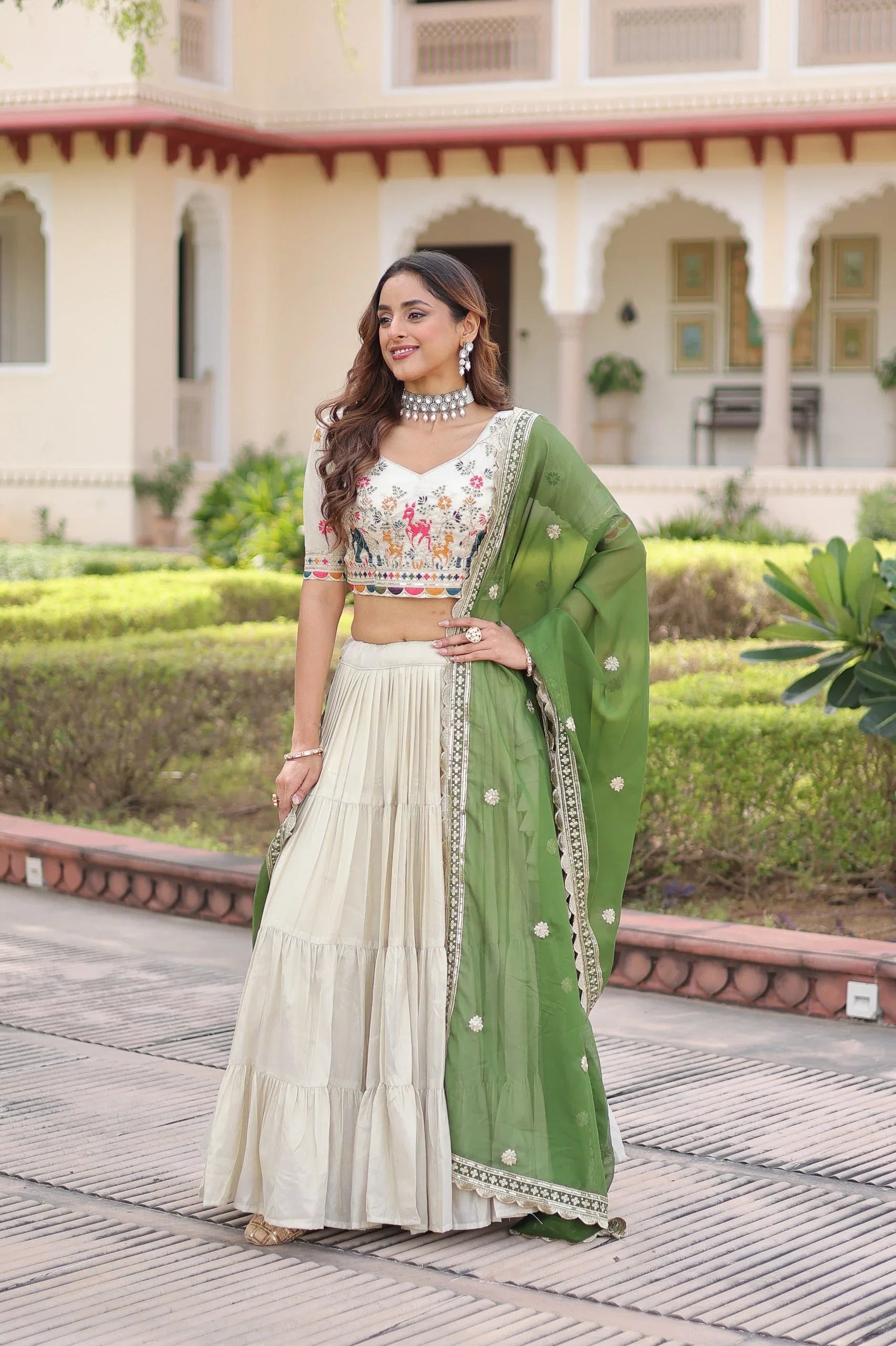 Cosmos Silk Lehenga Choli with Embroidered Blouse & Dupatta - Green - Evara Clothes