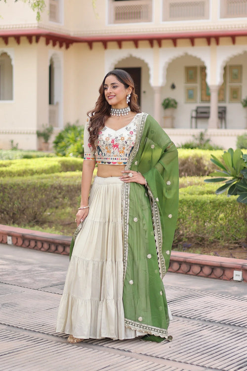 Cosmos Silk Lehenga Choli with Embroidered Blouse & Dupatta - Green - Evara Clothes