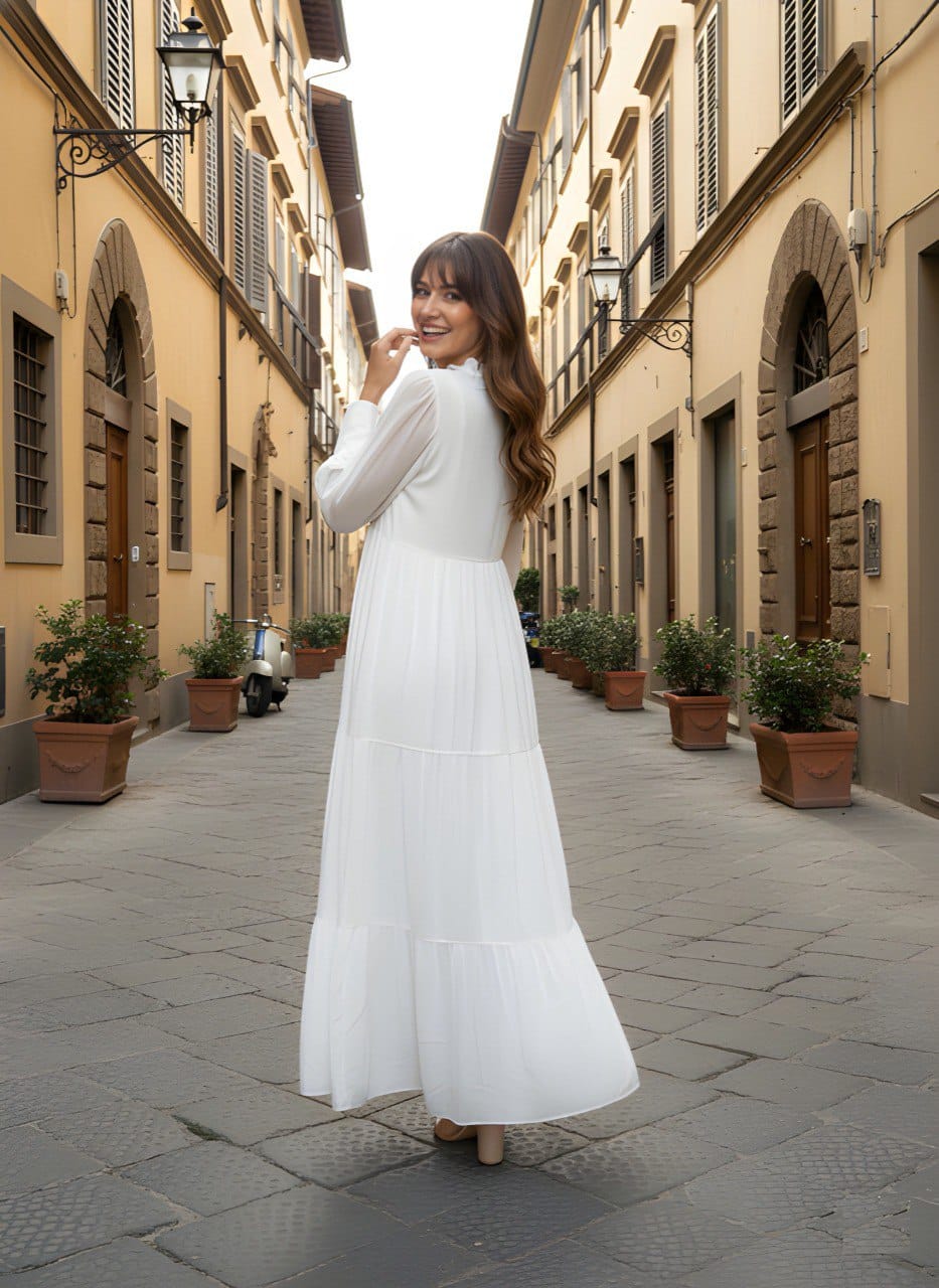 Women White Printed Georgette Long Flare Dress with Full Sleeves