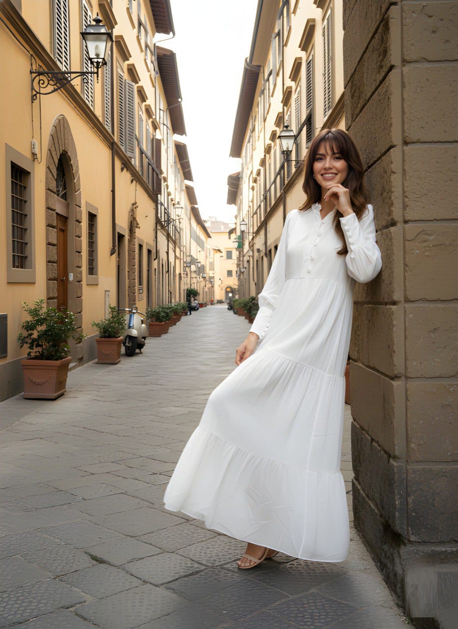 Women White Printed Georgette Long Flare Dress with Full Sleeves